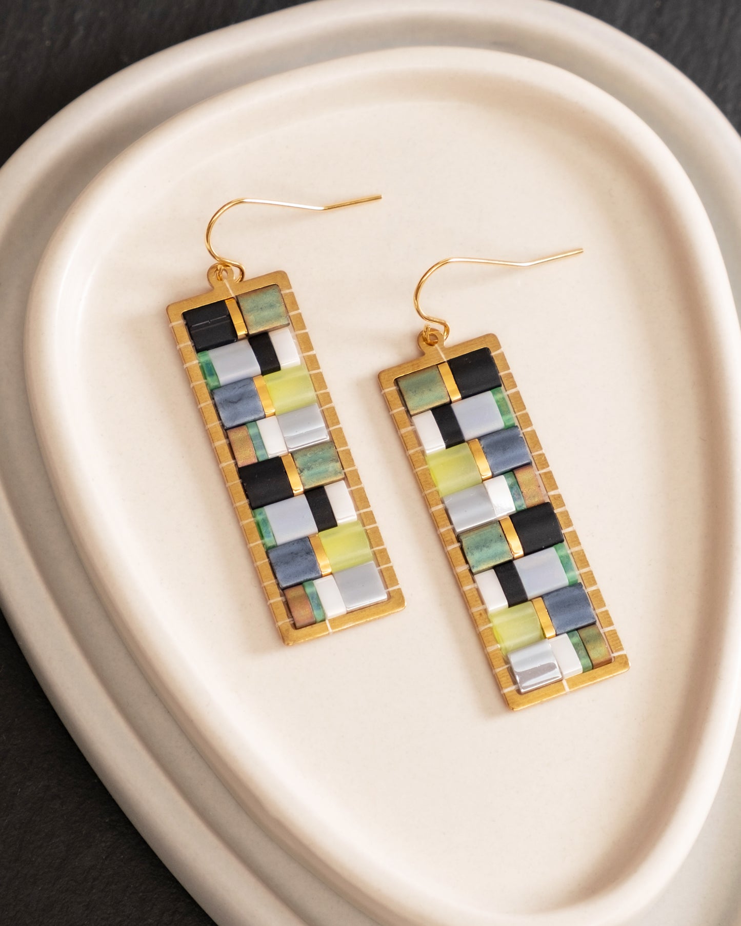 Beaded Handwoven Mosaic Tila and Brass Earrings