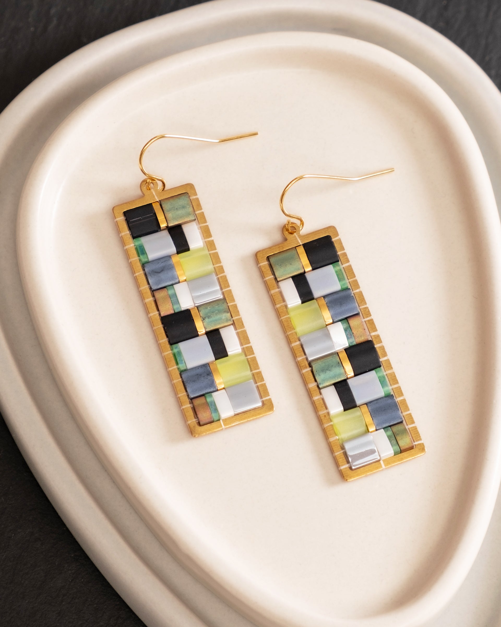 Beaded Handwoven Mosaic Tila and Brass Earrings - Green/Grey