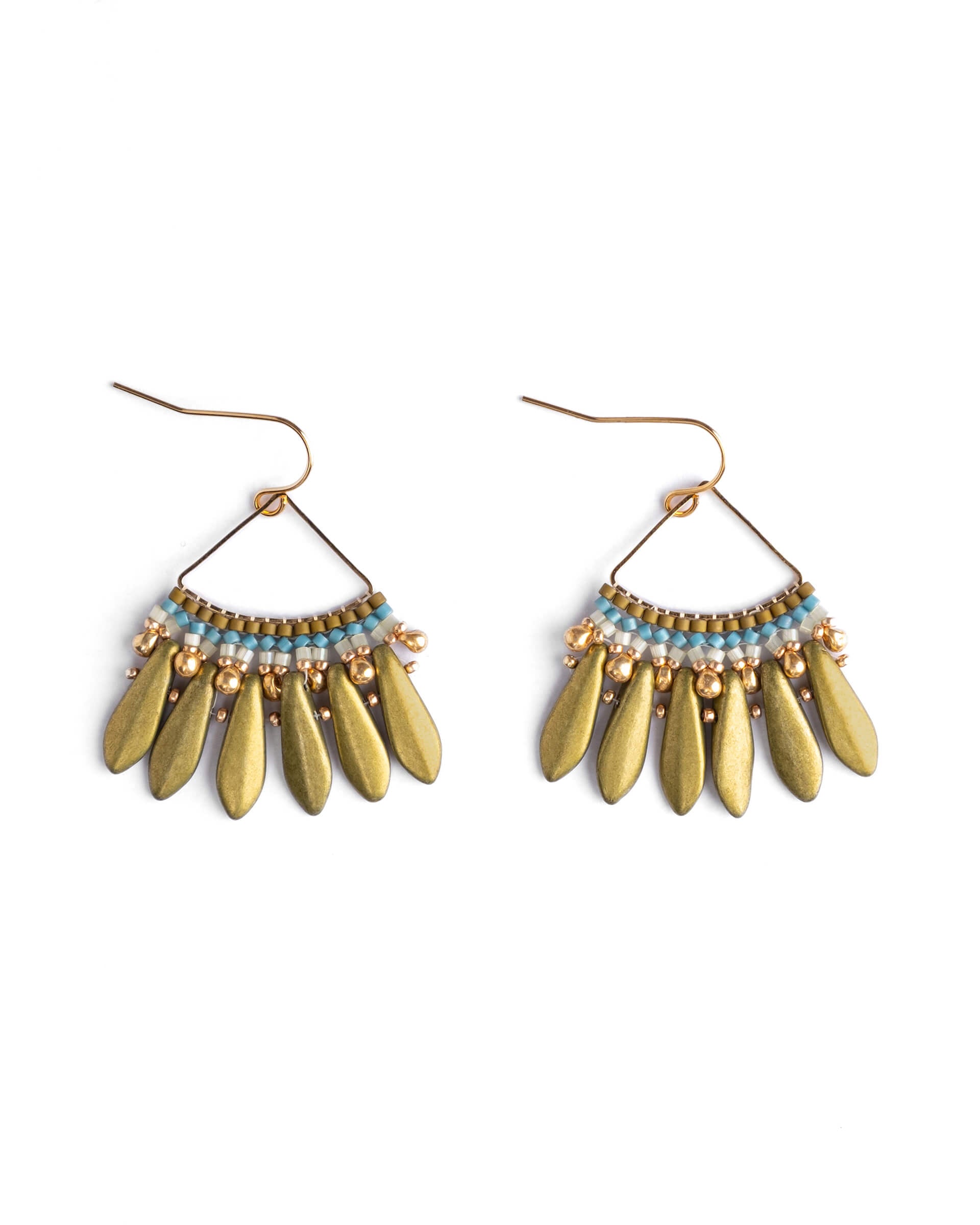 Beaded Handwoven Heirloom Fan Drop Earrings - Olive