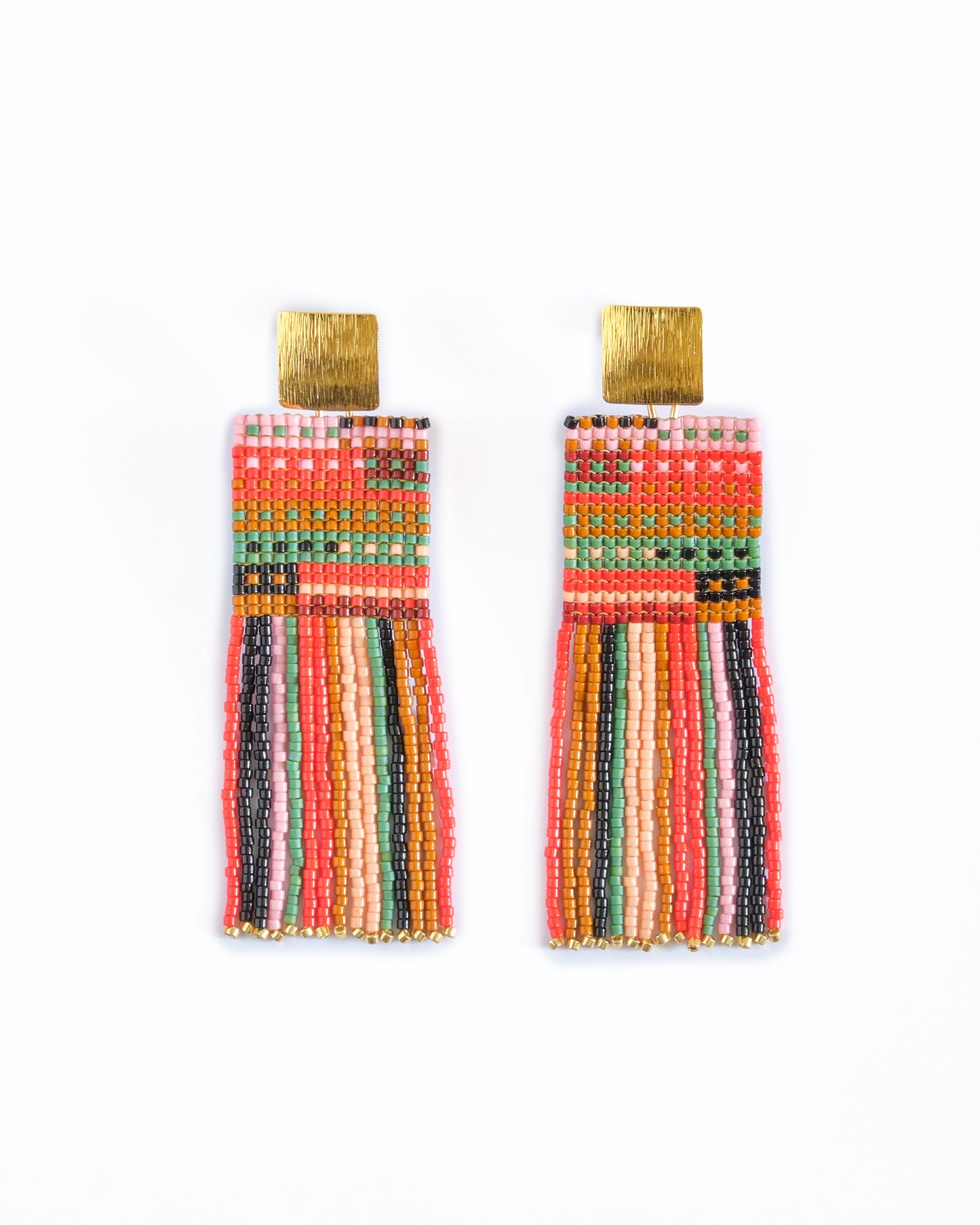 Beaded Handwoven Striped Knit Fringe Earrings