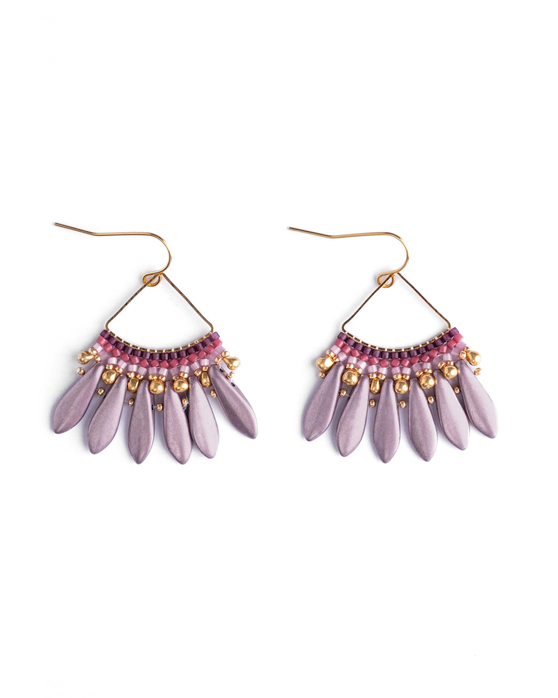 Beaded Handwoven Heirloom Fan Drop Earrings - Lilac