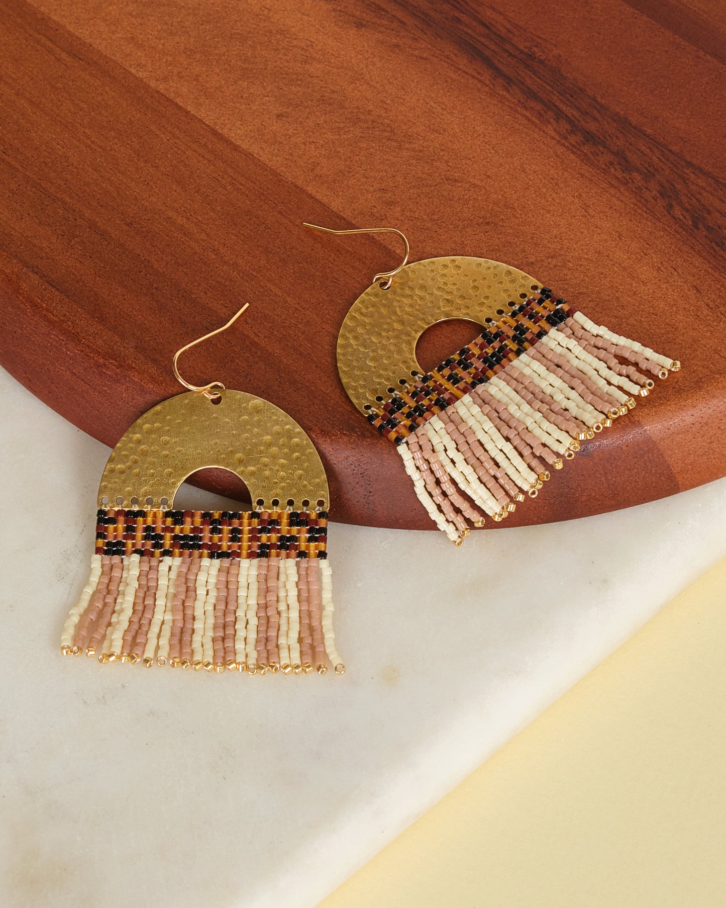 Beaded Handwoven Striped Fringe Earrings