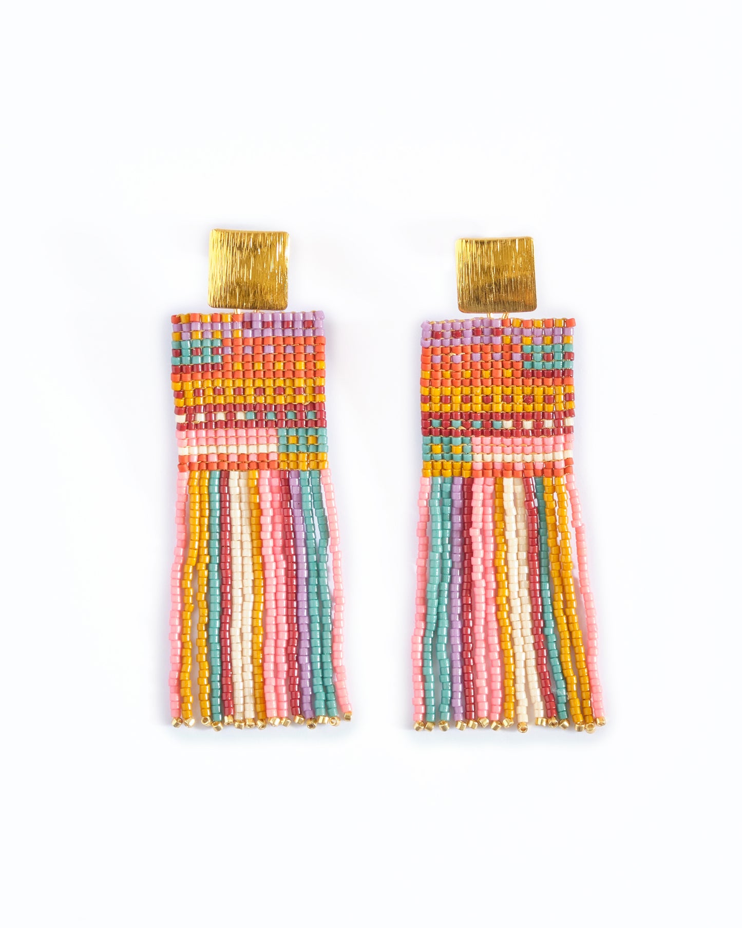 Beaded Handwoven Striped Knit Fringe Earrings