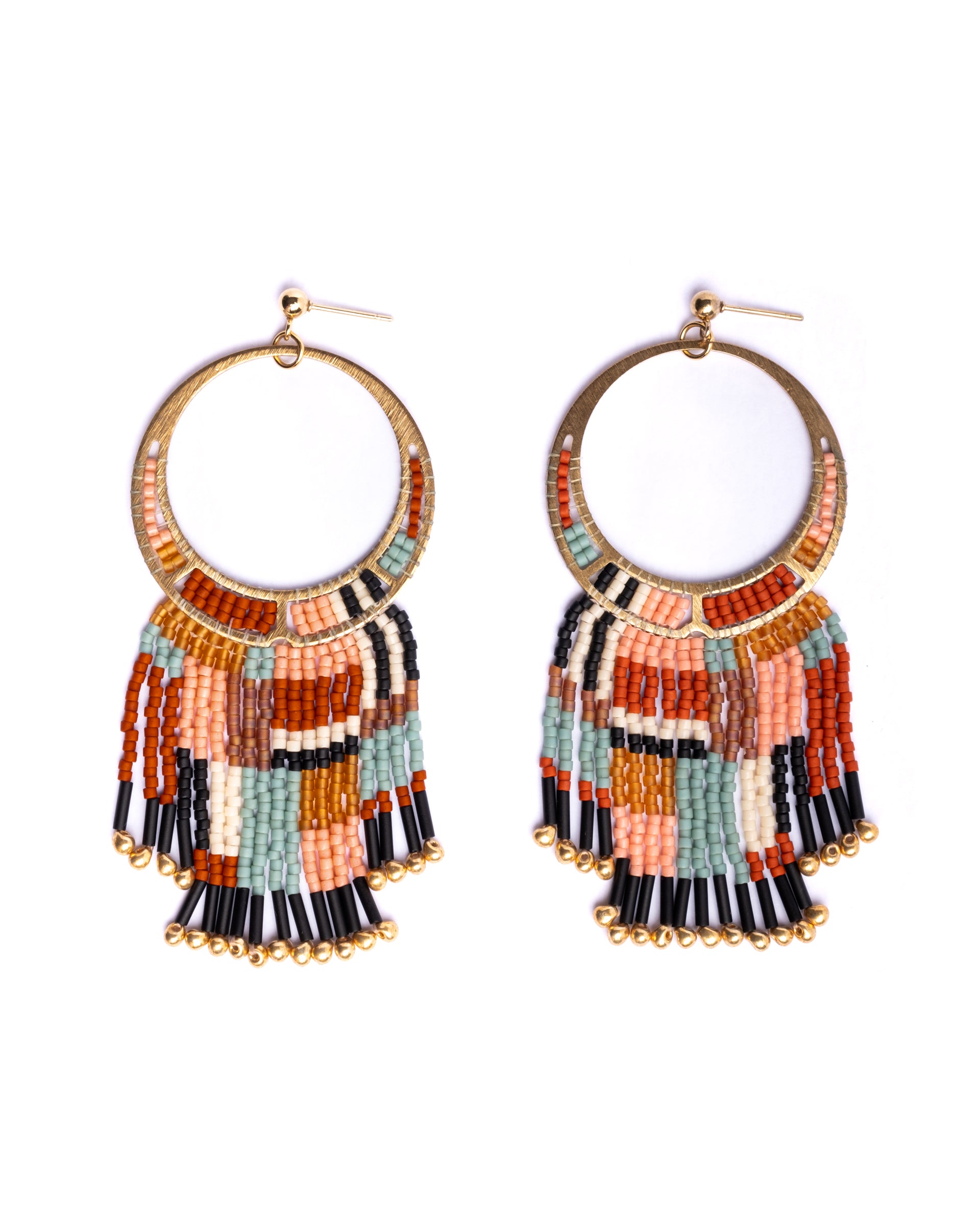 Beaded Handwoven Painted Desert Fringe Earrings - Aqua/Rust
