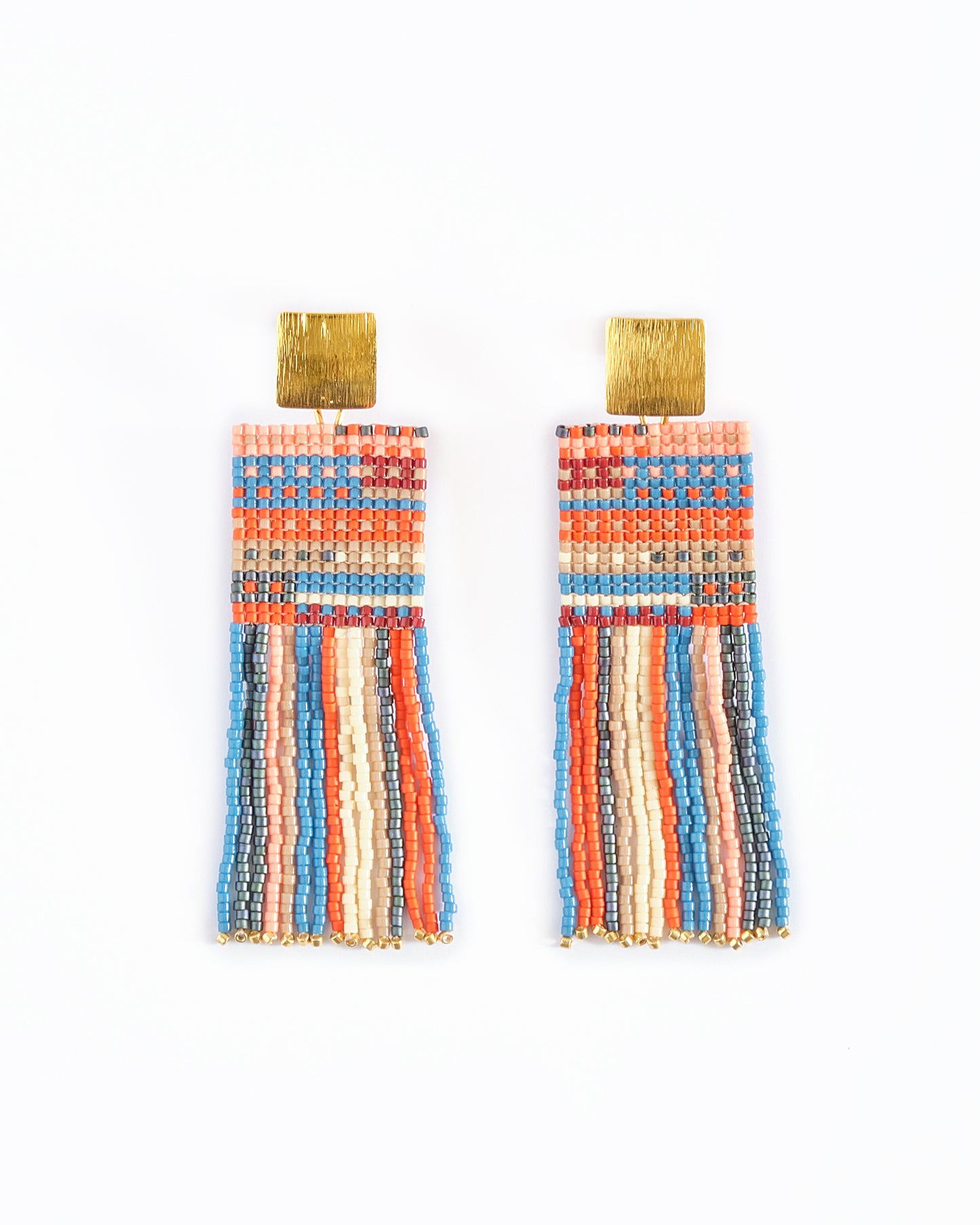 Beaded Handwoven Striped Knit Fringe Earrings