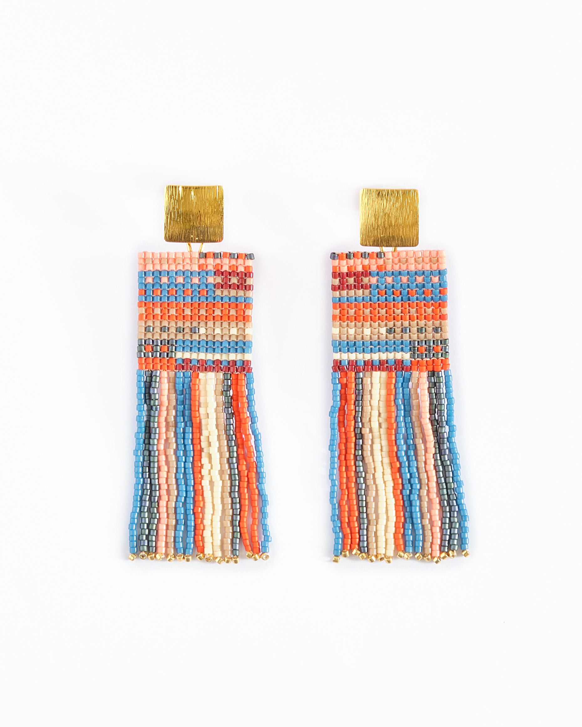 Beaded Handwoven Striped Knit Fringe Earrings - Ocean Sunset