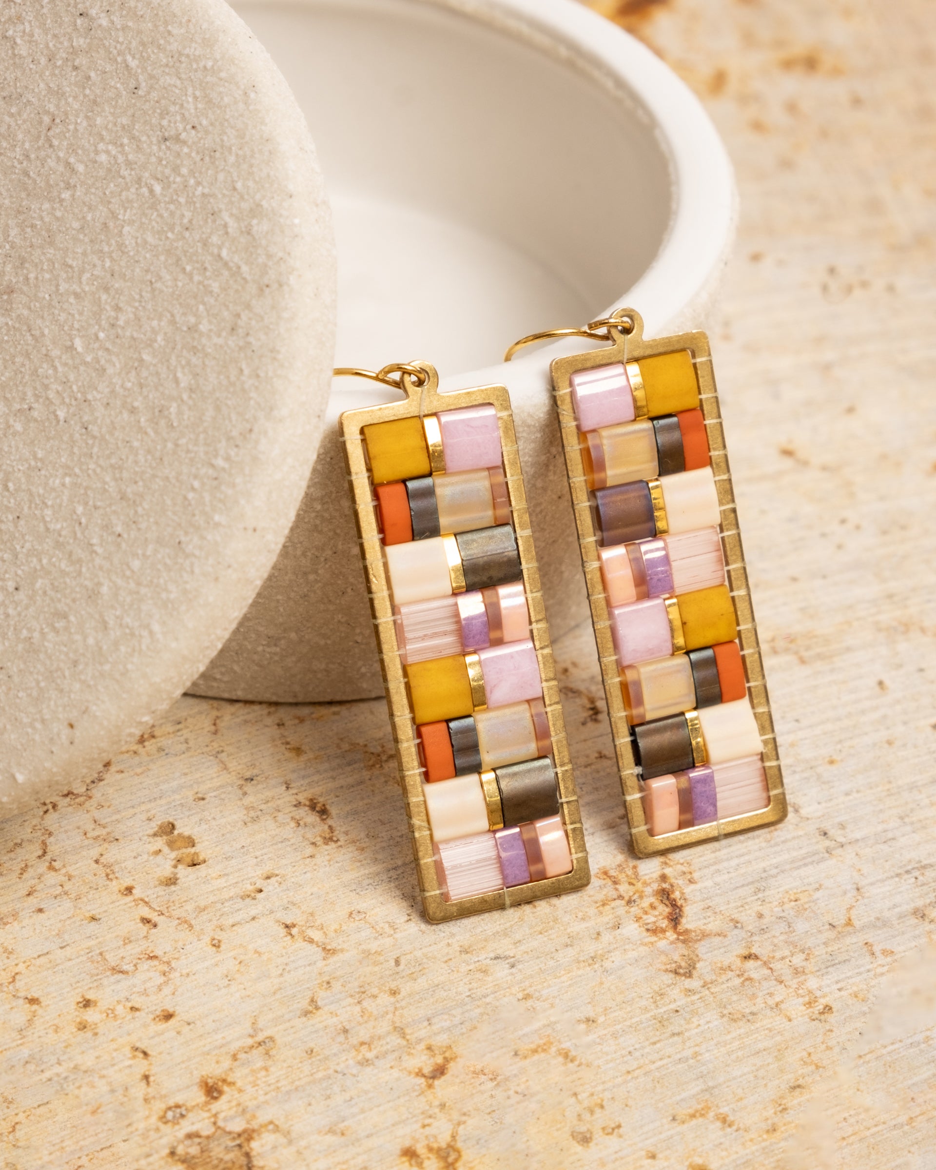 Beaded Handwoven Mosaic Tila and Brass Earrings - Lilac/Mustard