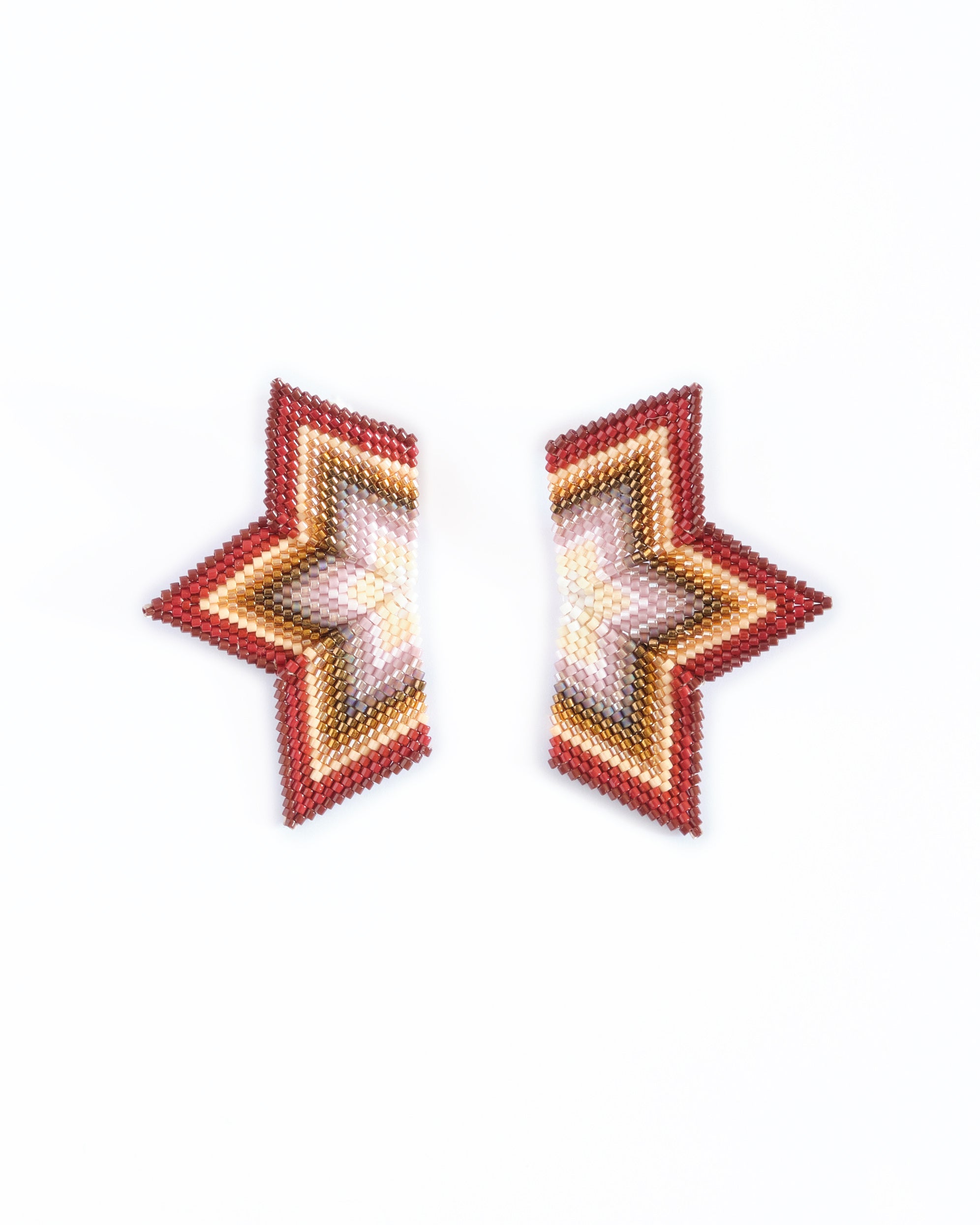 Beaded Handwoven Large Half Star Earrings - Brown/Cream
