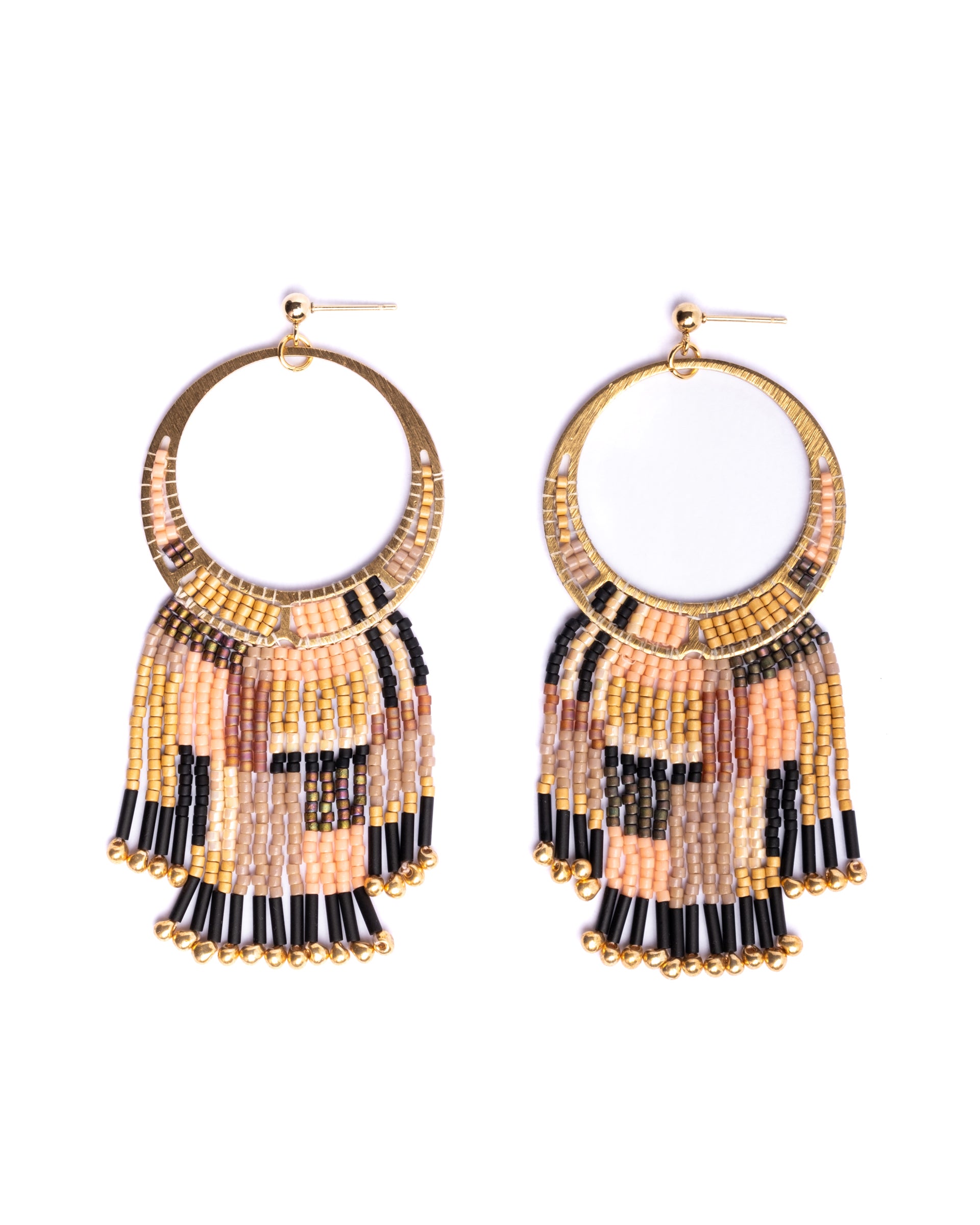 Beaded Handwoven Painted Desert Fringe Earrings - Peach/Tan