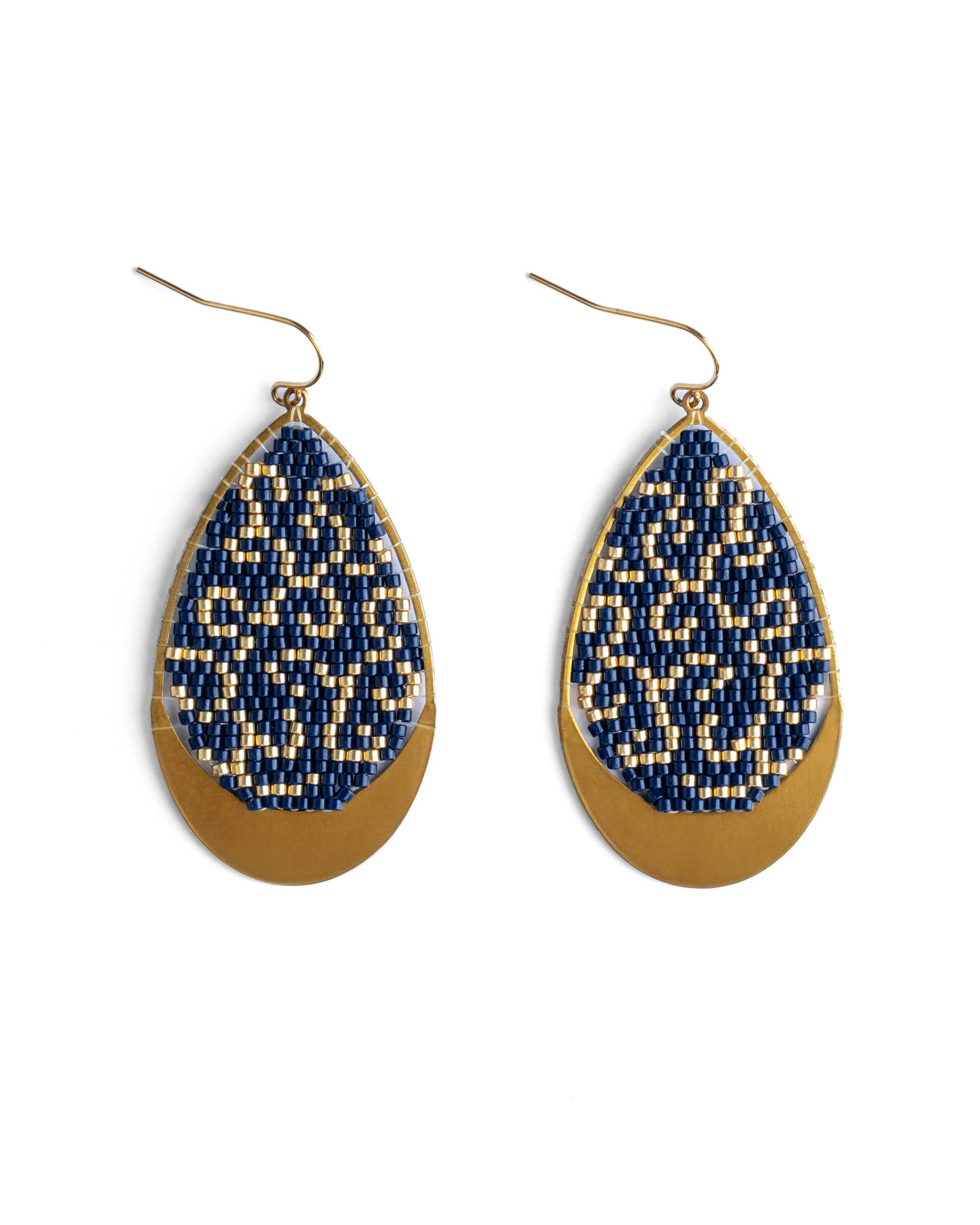 Beaded Handwoven Gilded Teardrop Earrings - Blue