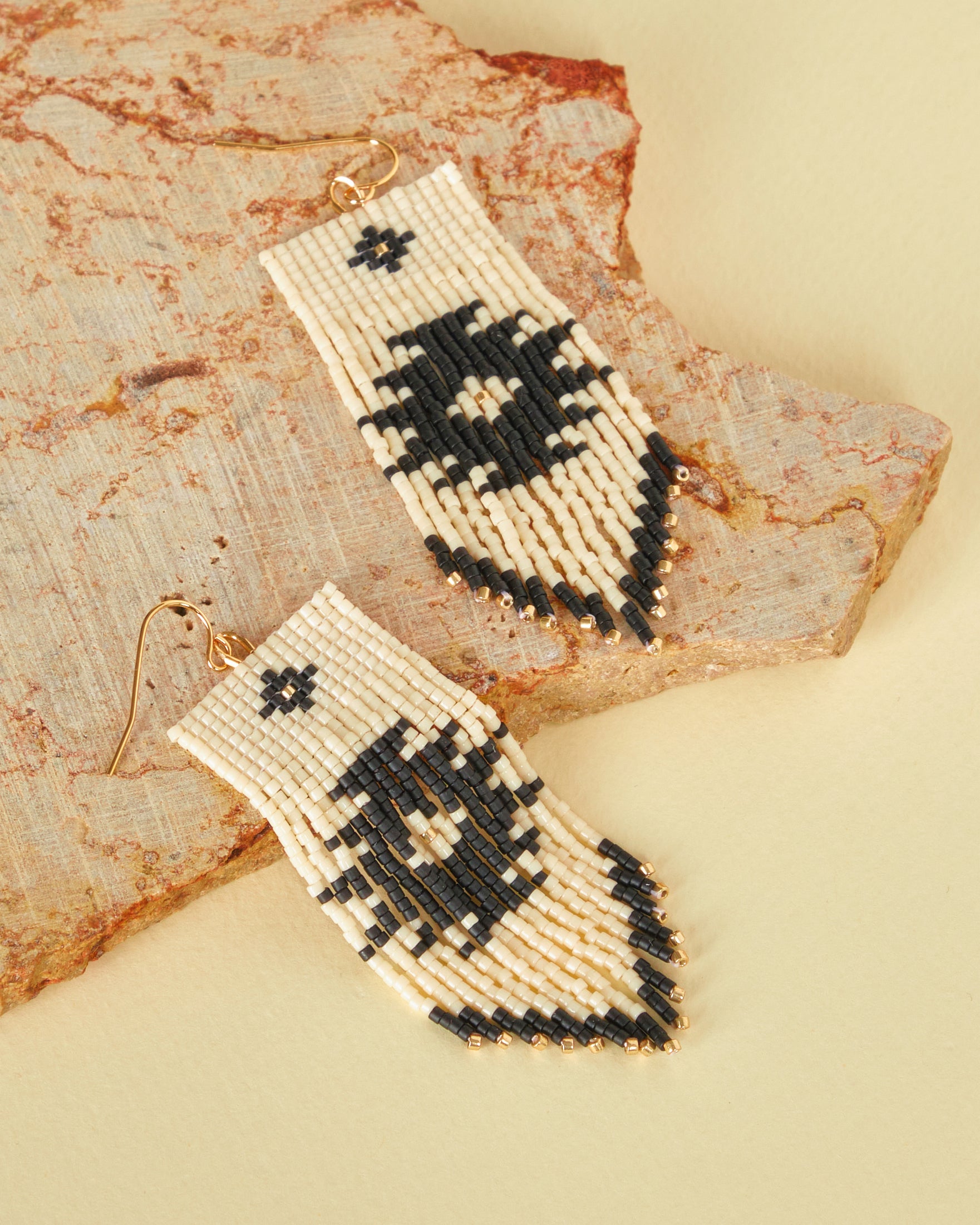 Beaded Handwoven Tribal Fringe Earrings - Cream/Black