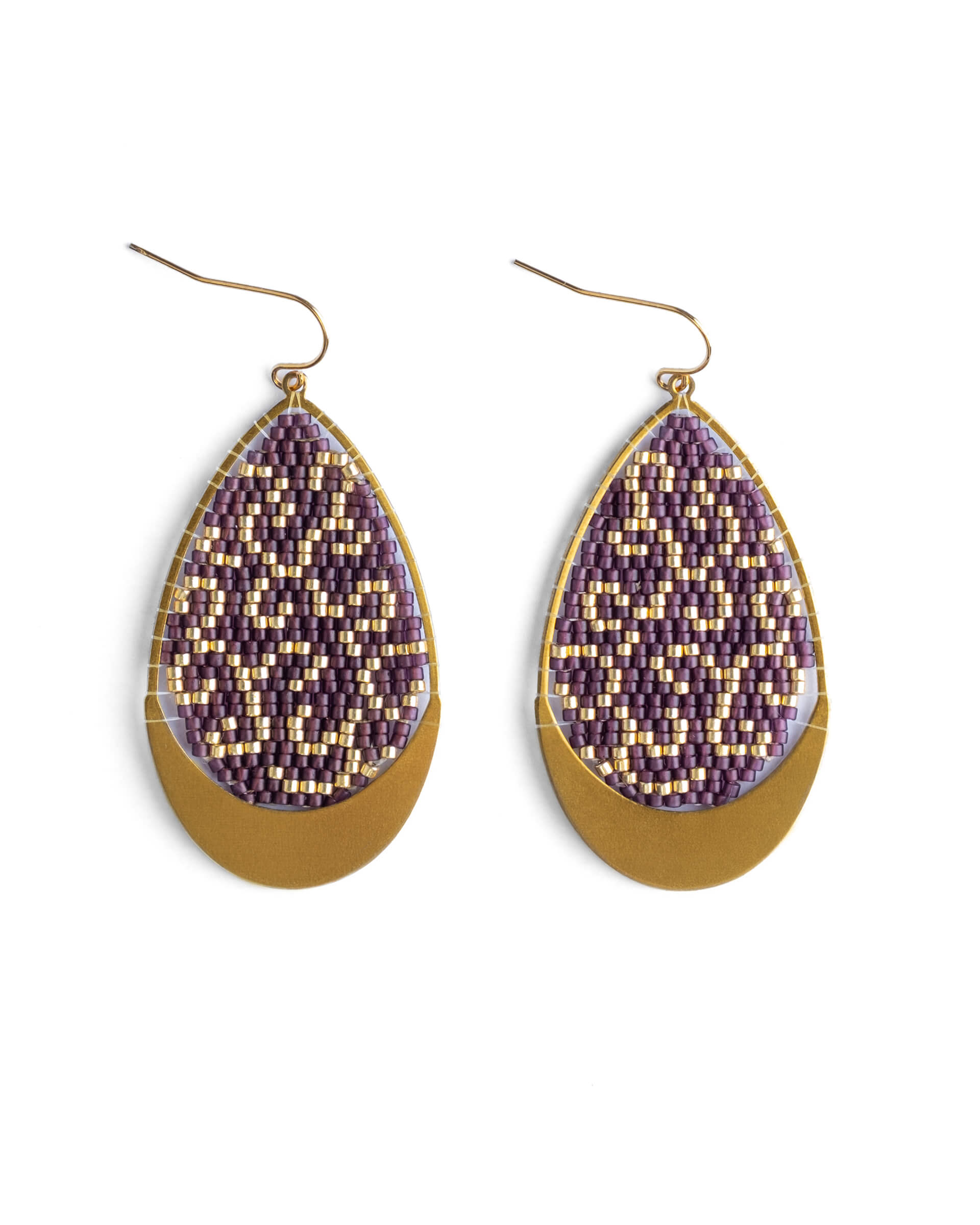 Beaded Handwoven Gilded Teardrop Earrings - Purple