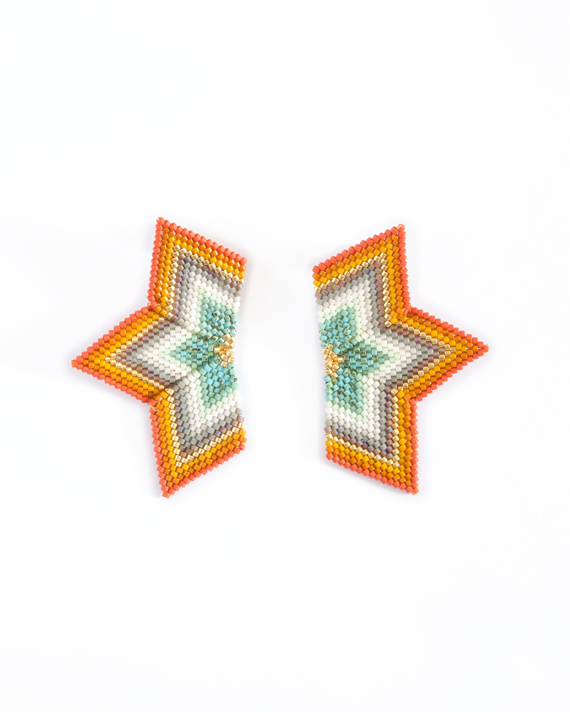 Beaded Handwoven Large Half Star Earrings - Rust/Turquoise