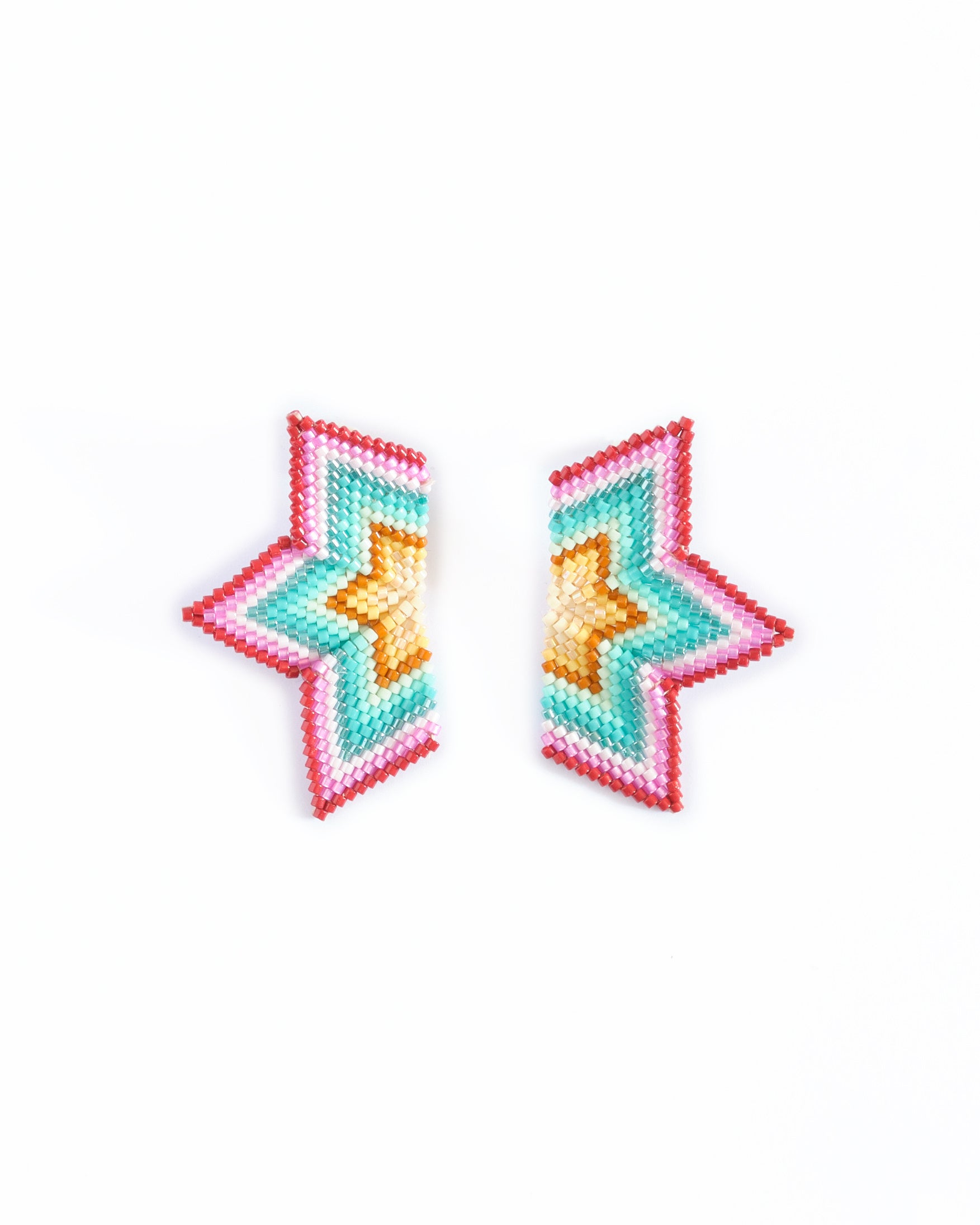 Beaded Handwoven Medium Half Star Earrings - Aqua/Purple