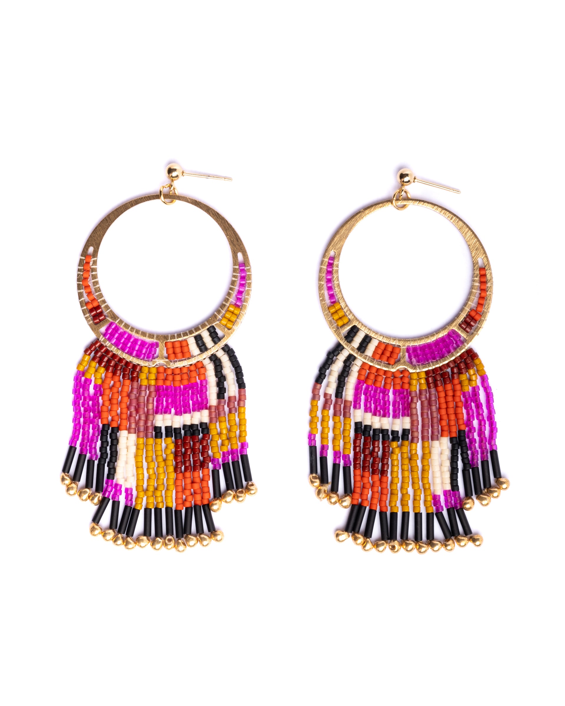 Beaded Handwoven Painted Desert Fringe Earrings - Magenta/Orange