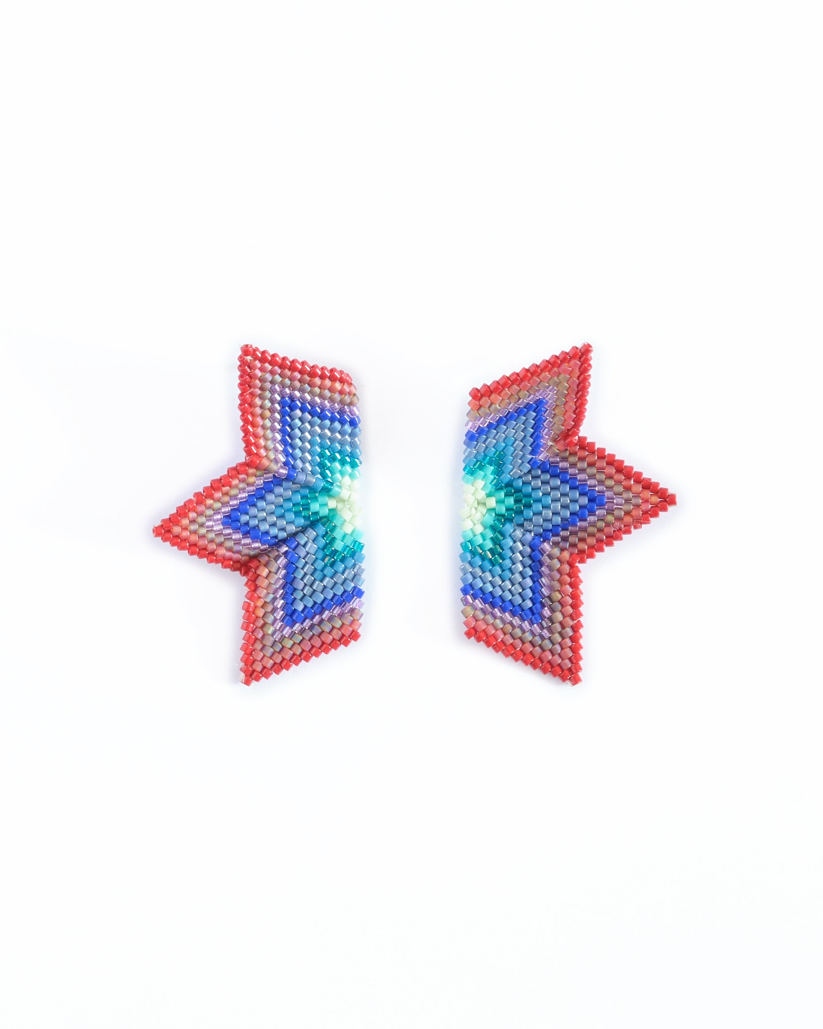 Beaded Handwoven Medium Half Star Earrings - Jewel Tones