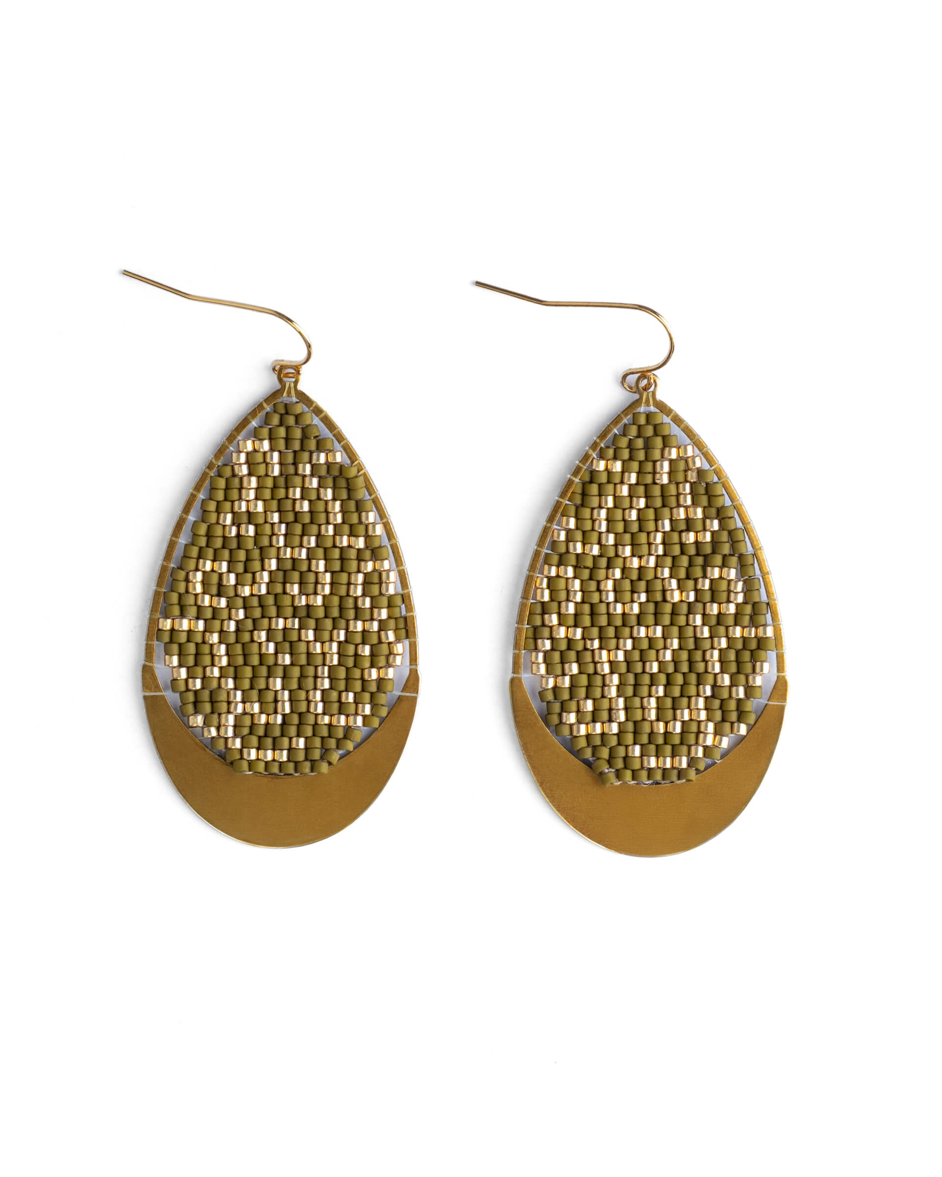 Beaded Handwoven Gilded Teardrop Earrings -Olive