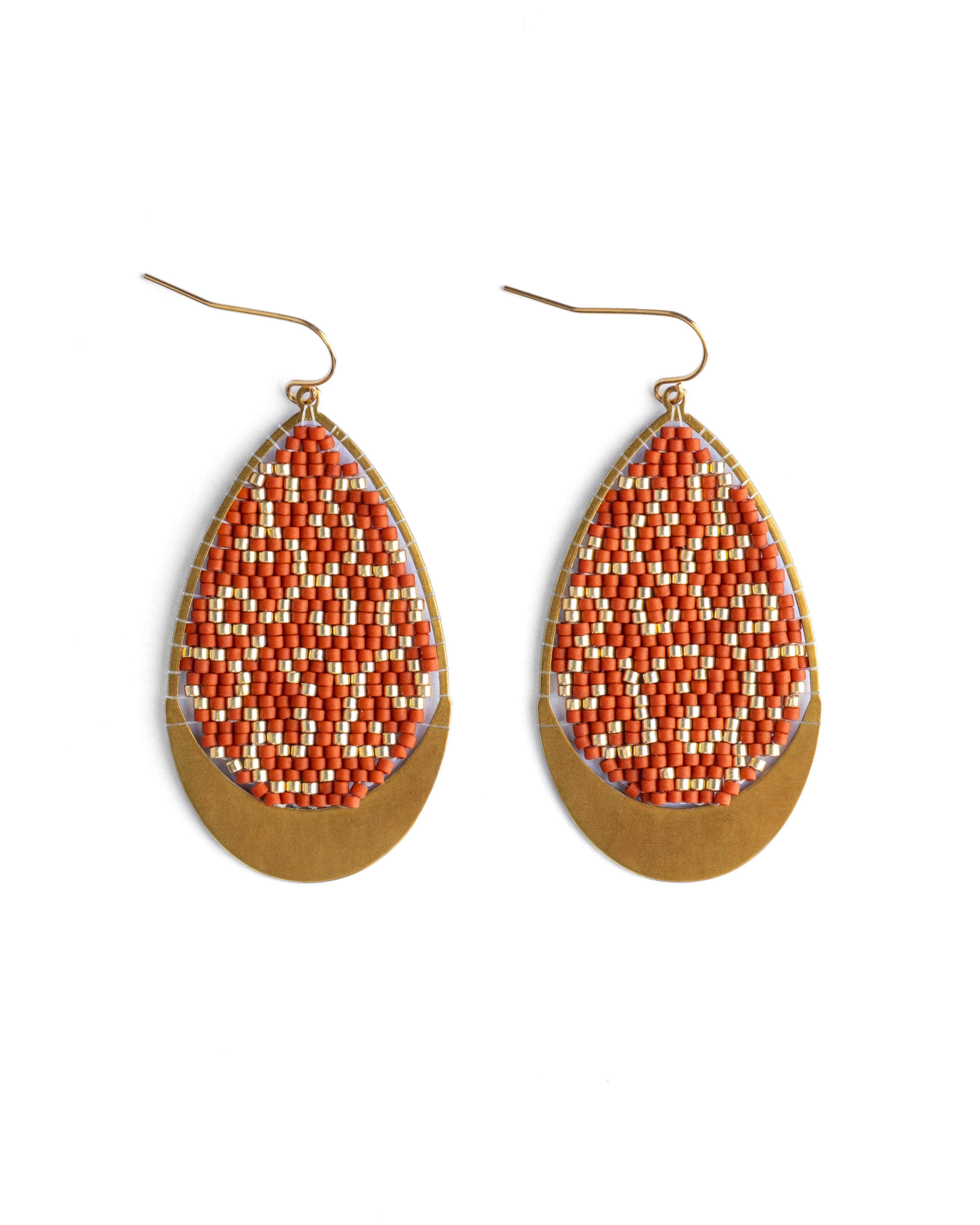 Beaded Handwoven Gilded Teardrop Earrings - Rust