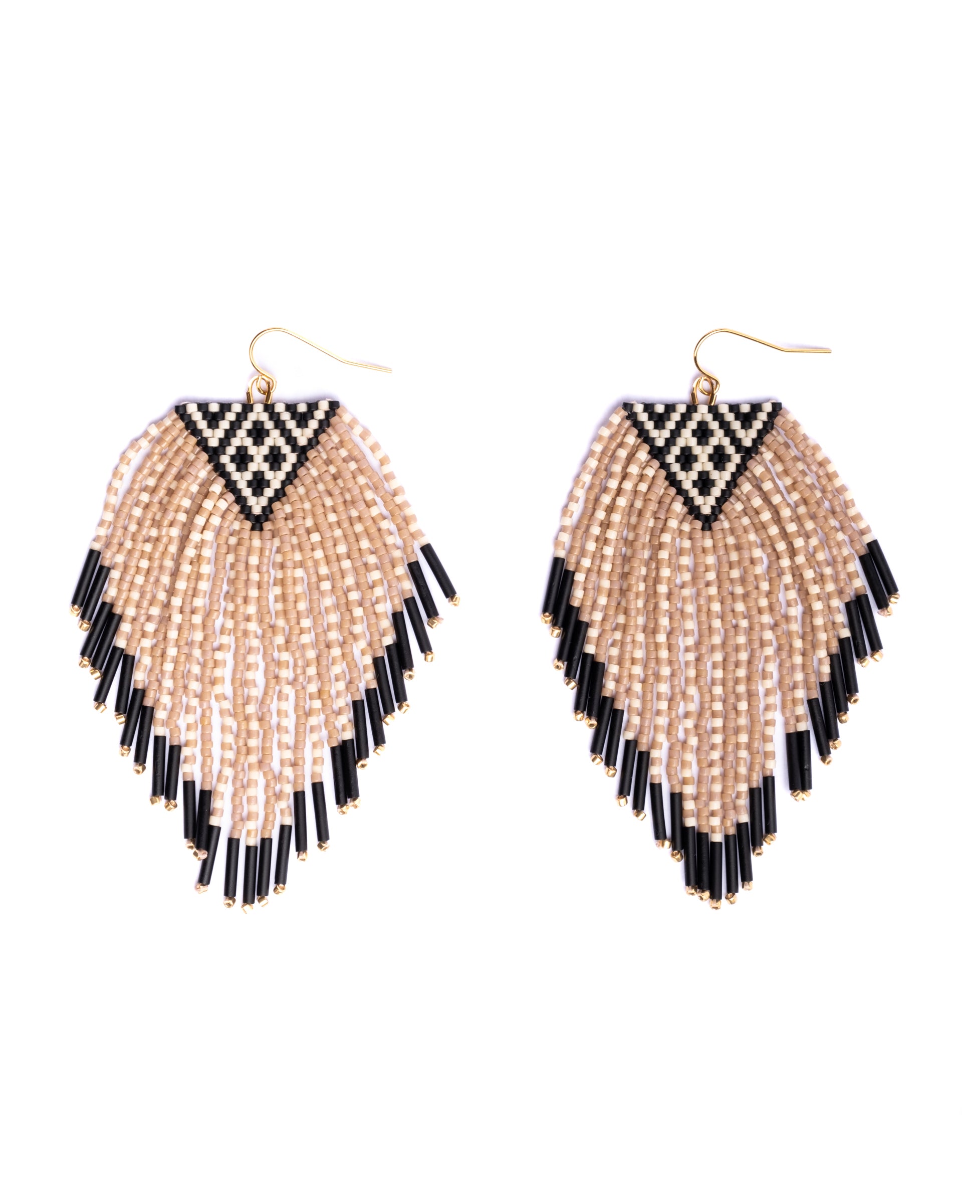 Beaded Handwoven Sonoran Triangle Fringe Earrings - Beige