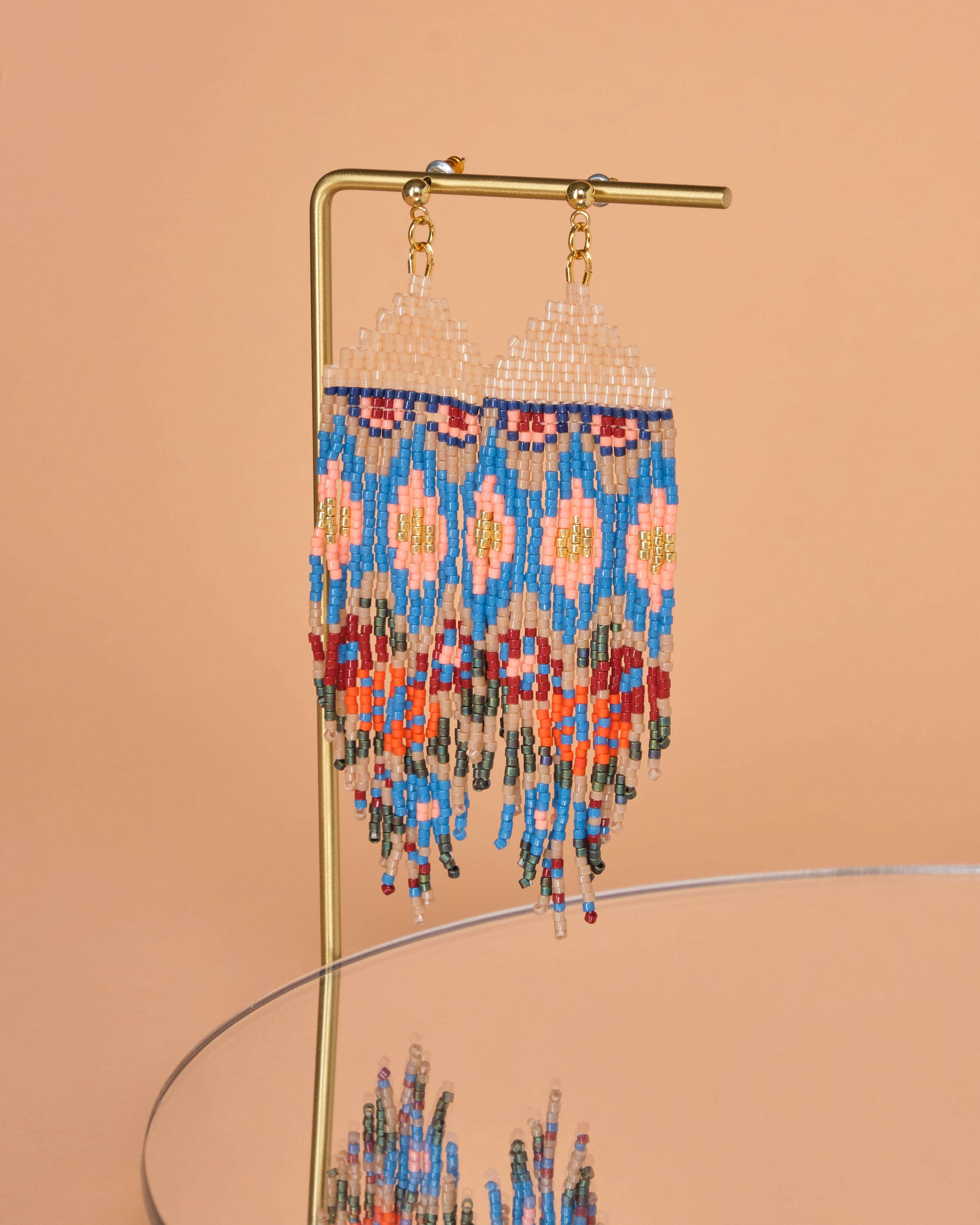 Beaded Handwoven Huipil Fringe Earrings - Ocean Sunset