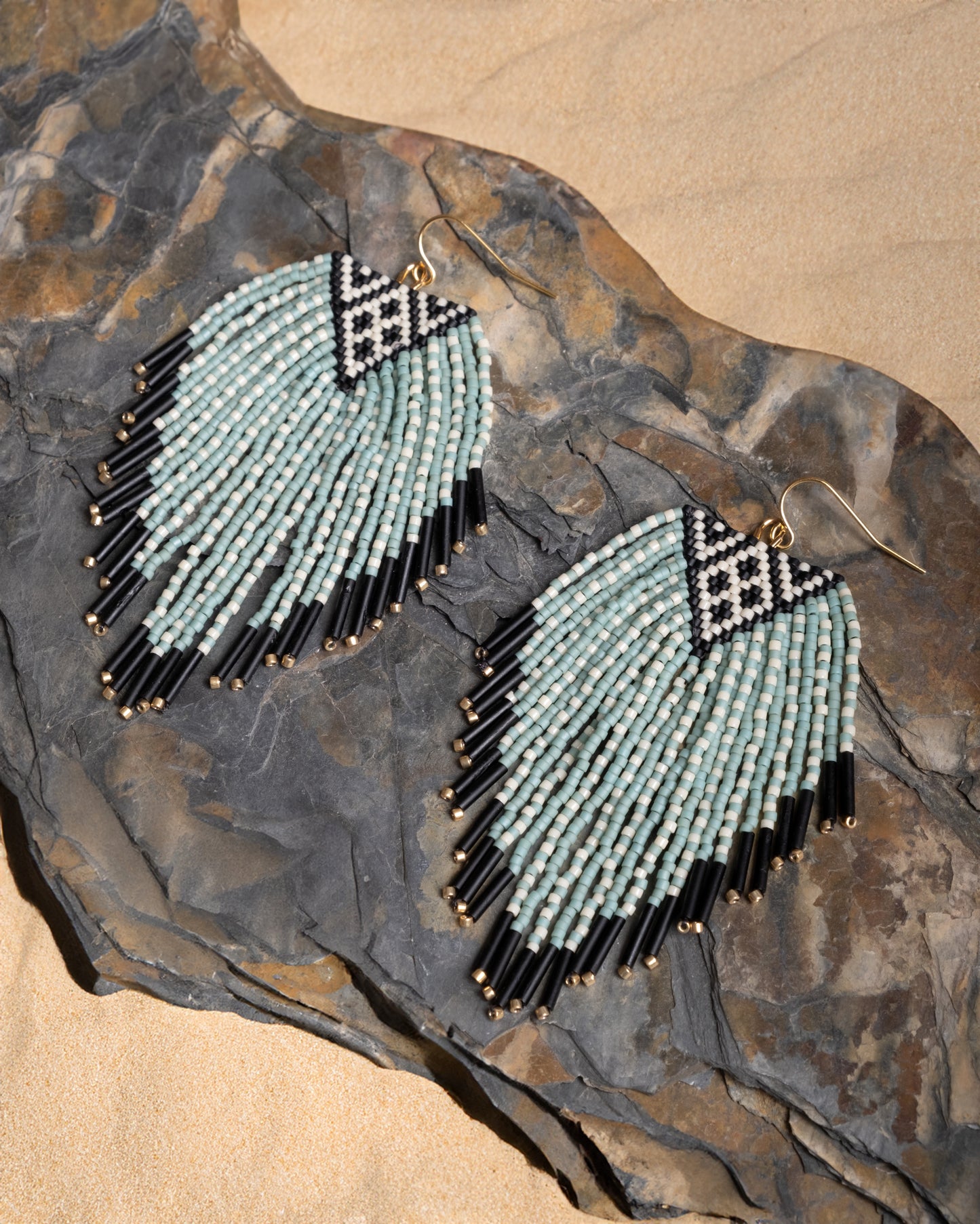 Beaded Handwoven Sonoran Triangle Fringe Earrings