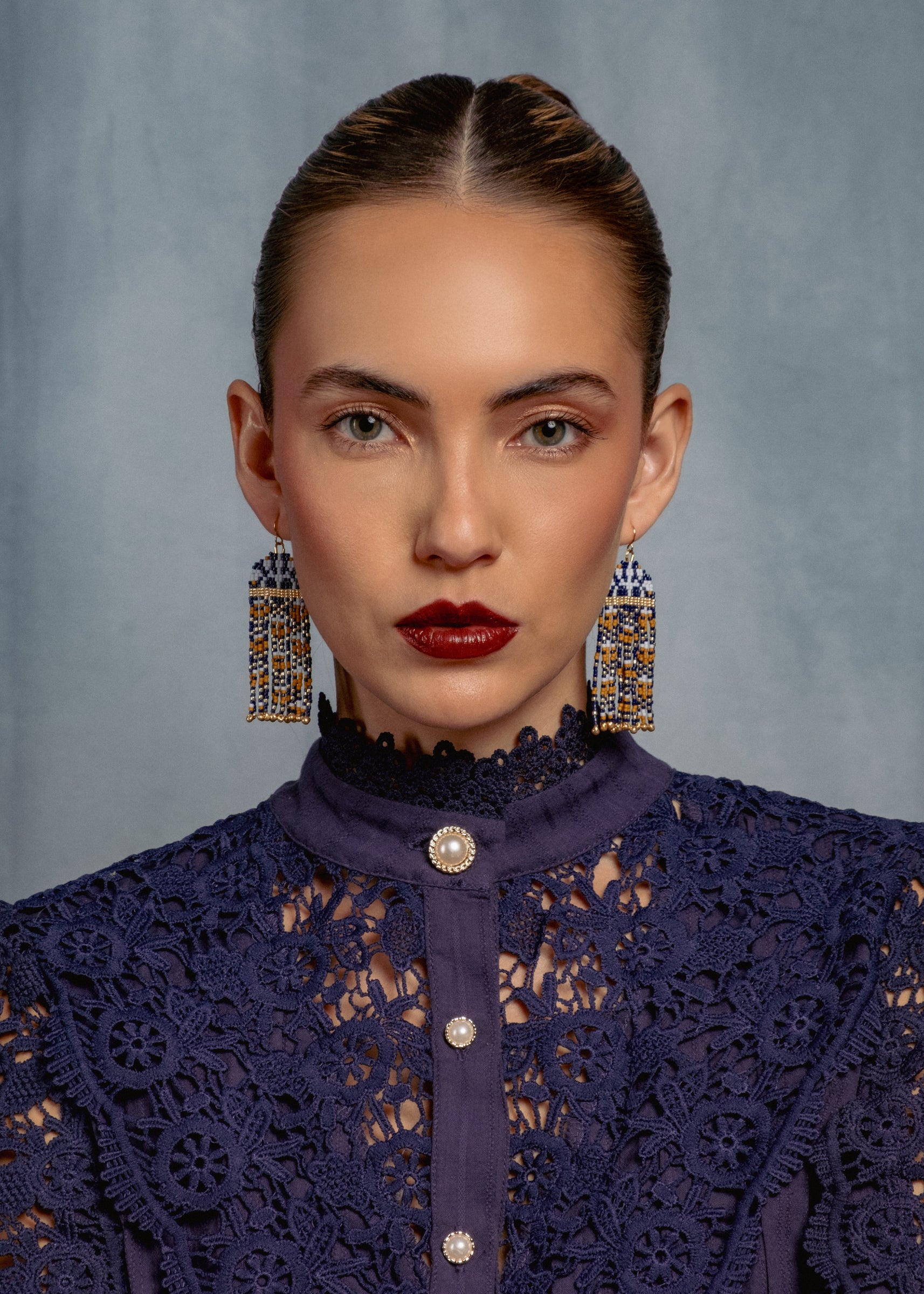 Beaded Handwoven Brocade Garden Earrings - Blue/Mustard