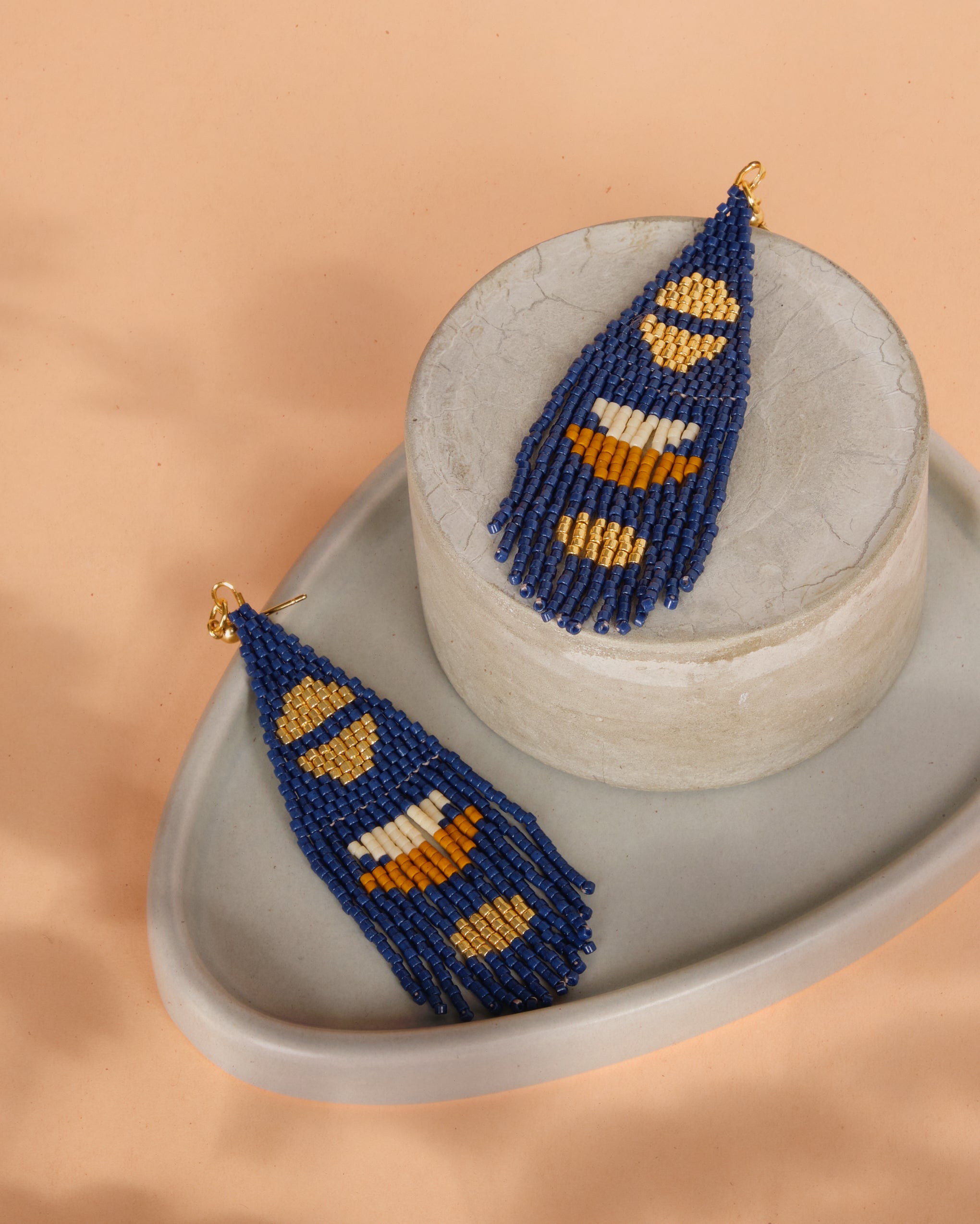 Beaded Handwoven Boho Half Moon Fringe Earrings - Blue