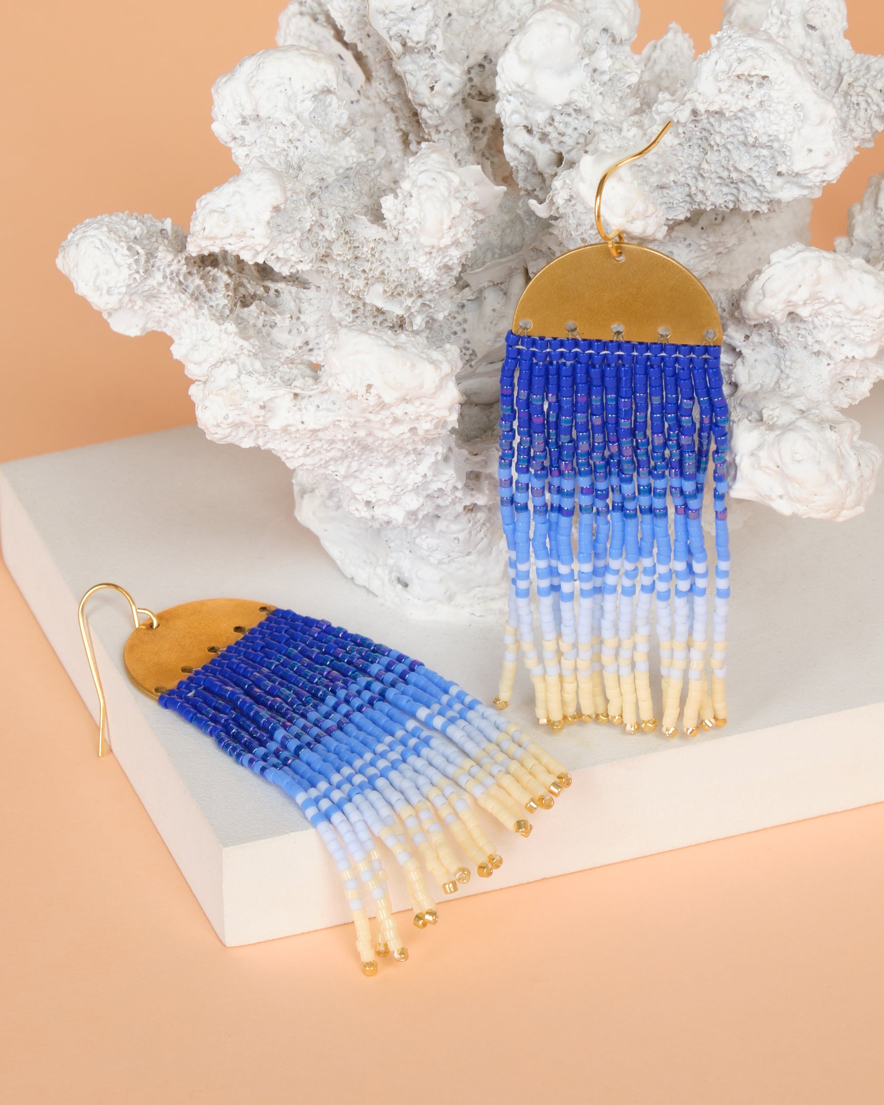 Beaded Handwoven Ombre Fringe Earrings - Blue