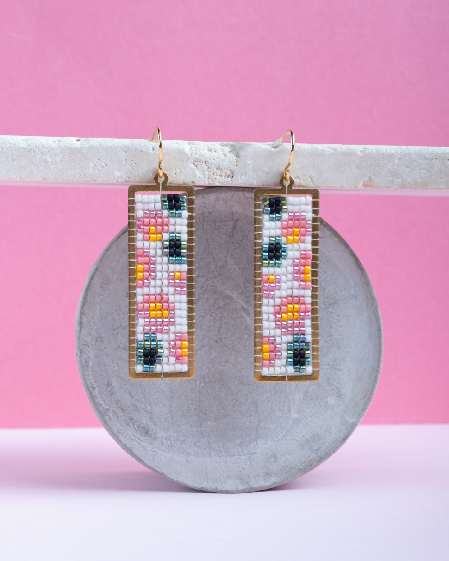 Handwoven Beaded Brass Framed Floral Earrings