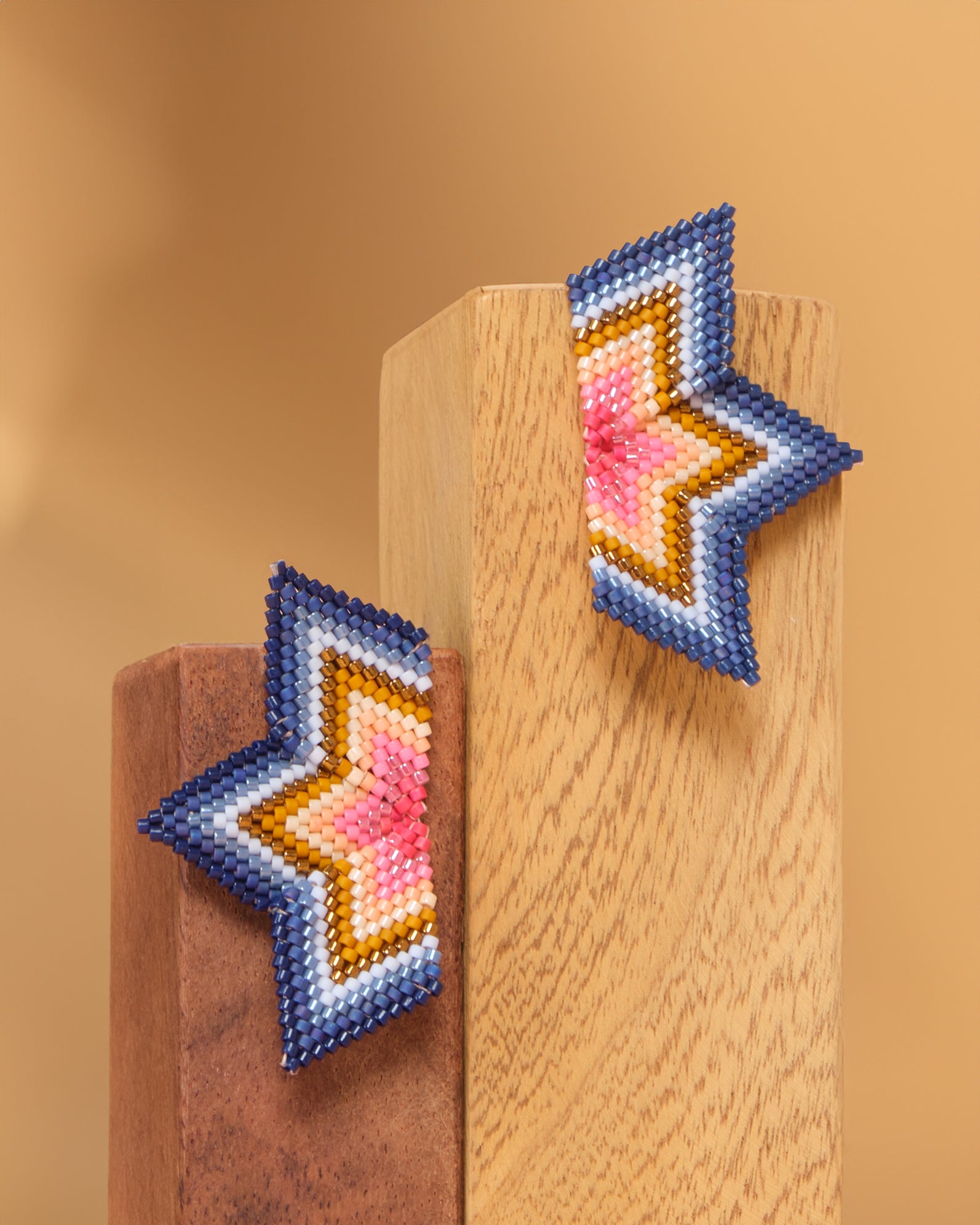 Beaded Handwoven Medium Half Star Earrings - Blue/Pink