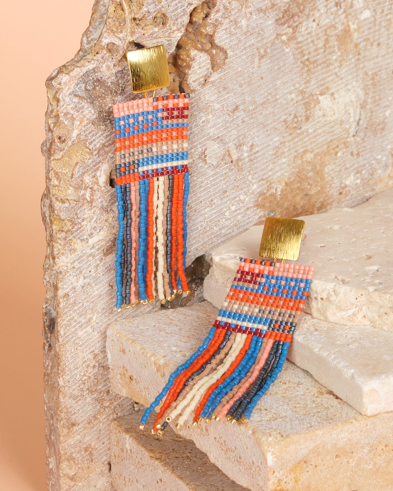 Beaded Handwoven Striped Knit Fringe Earrings