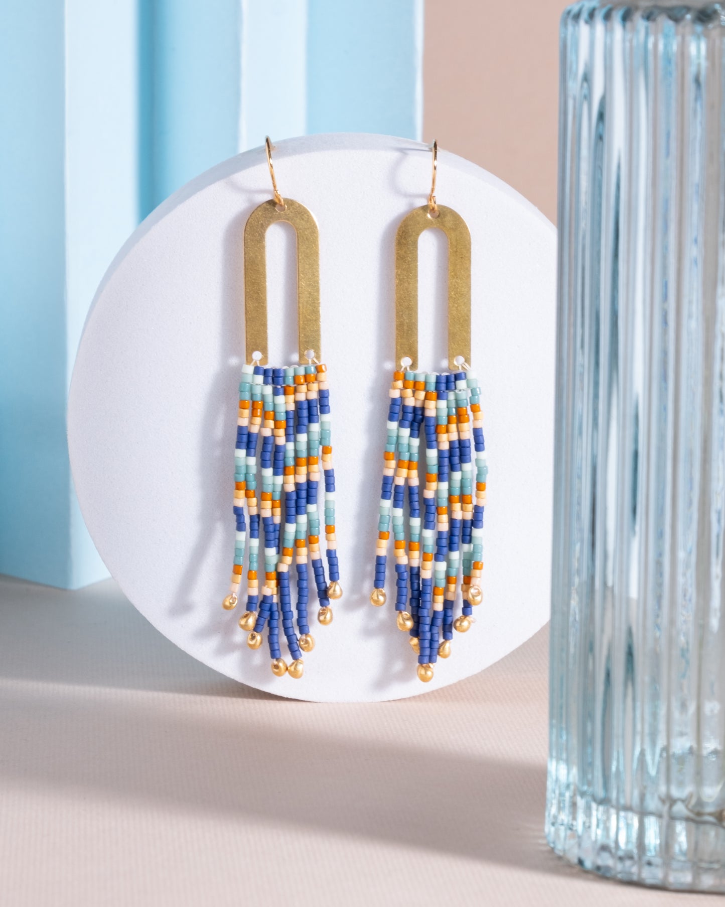 Handwoven Beaded Brass Arch Fringe Earring