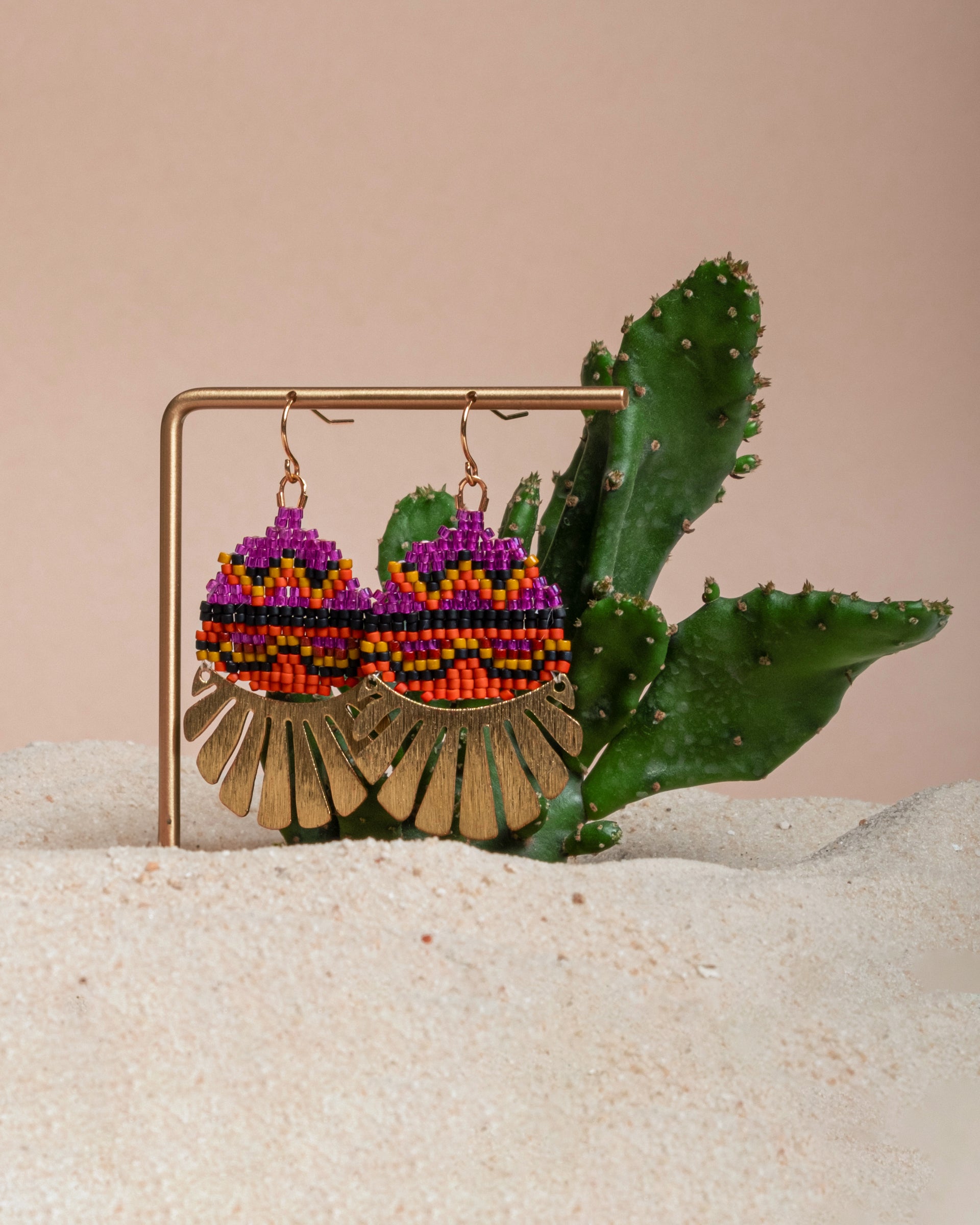Beaded Handwoven Santa Fe Drop Earrings - Magenta/Orange