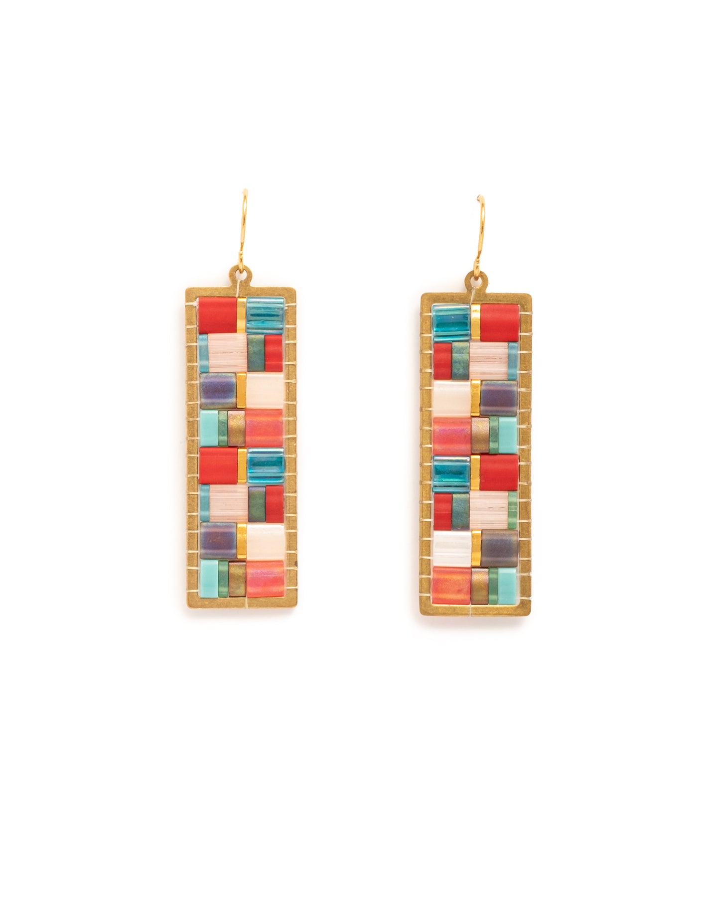 Beaded Handwoven Mosaic Tila and Brass Earrings