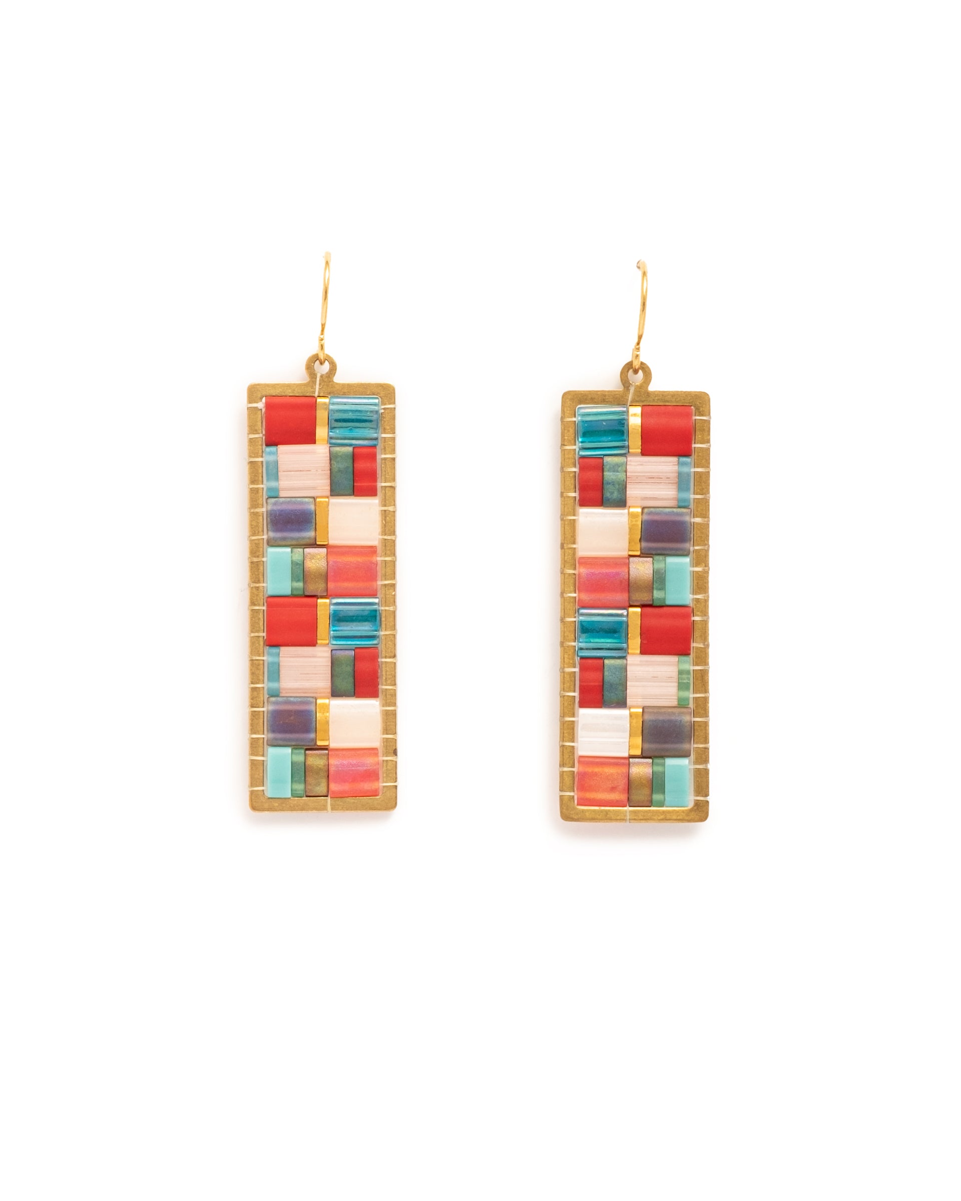 Beaded Handwoven Mosaic Tila and Brass Earrings - RedAqua
