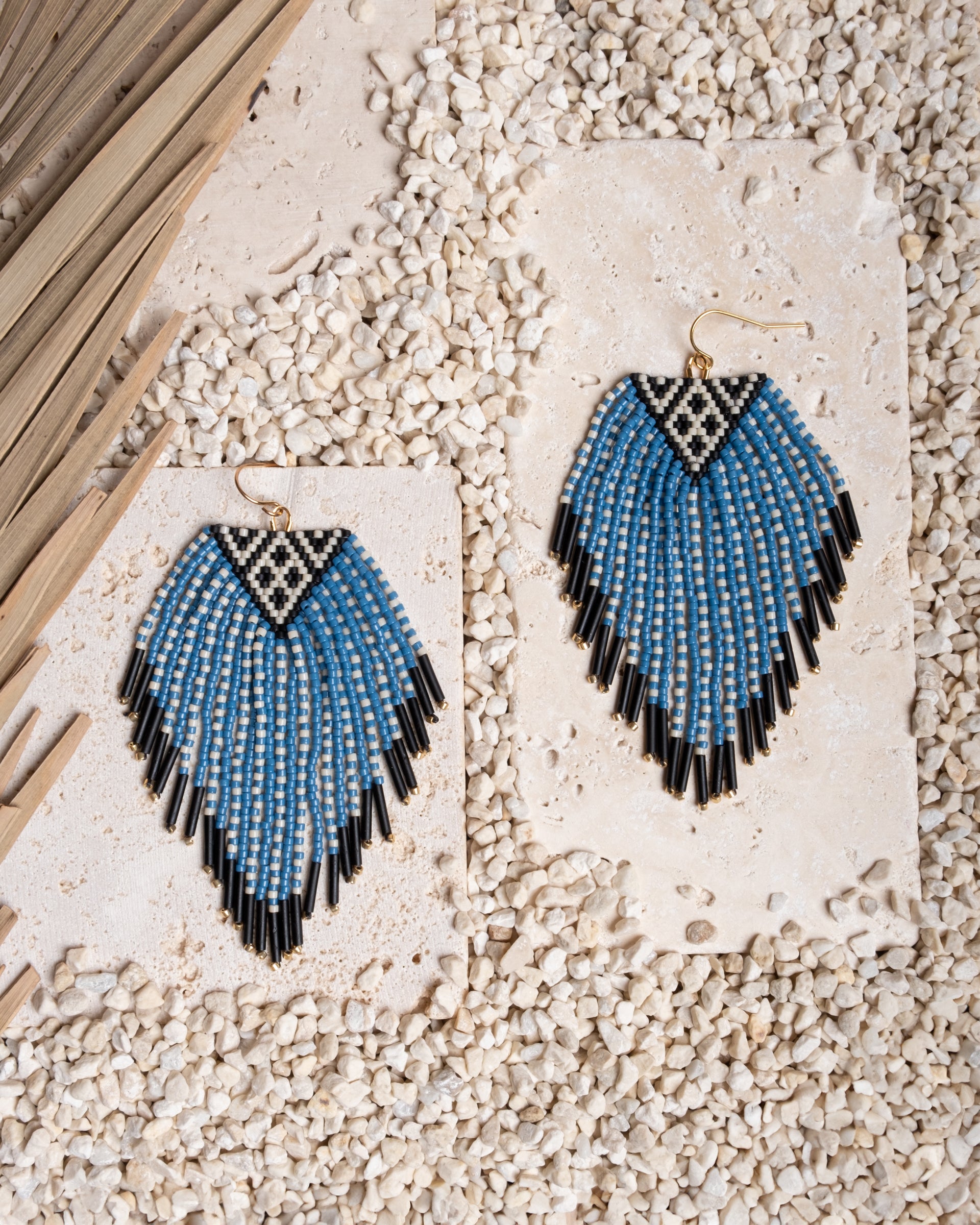 Beaded Handwoven Sonoran Triangle Fringe Earrings - Blue