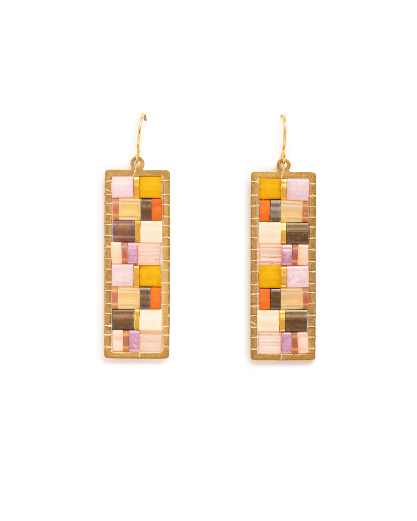 Beaded Handwoven Mosaic Tila and Brass Earrings