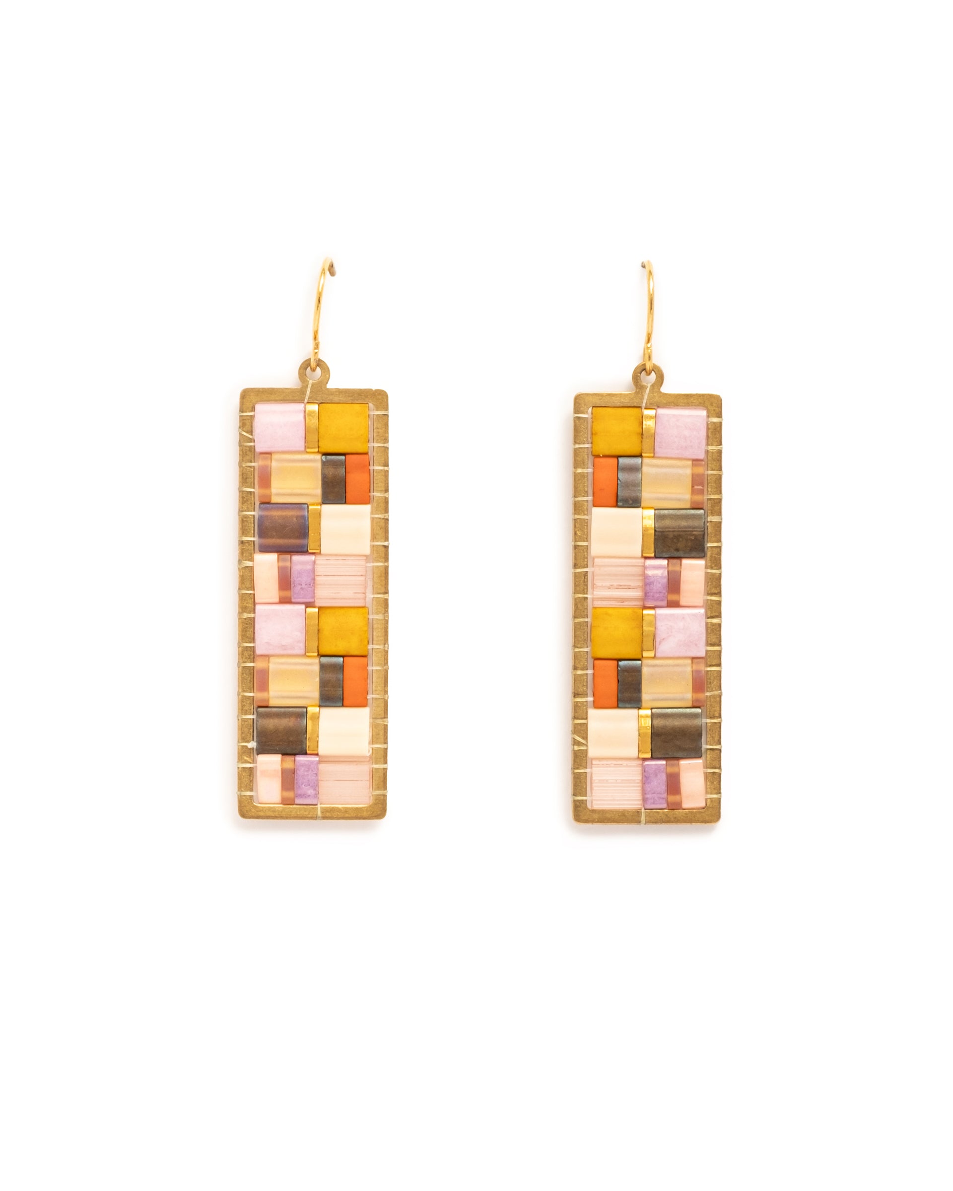 Beaded Handwoven Mosaic Tila and Brass Earrings - Lilac/Mustard
