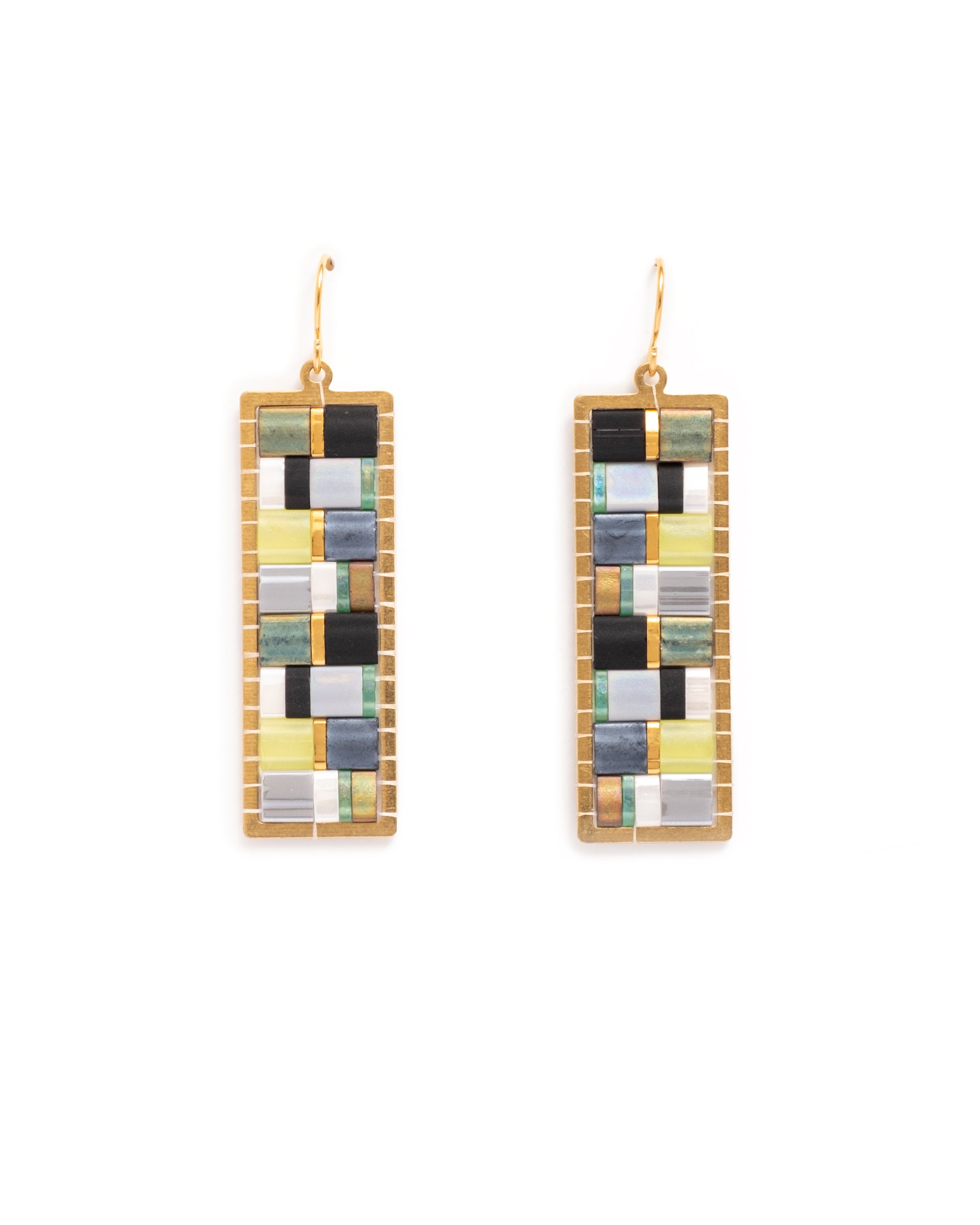Beaded Handwoven Mosaic Tila and Brass Earrings - Green/Grey