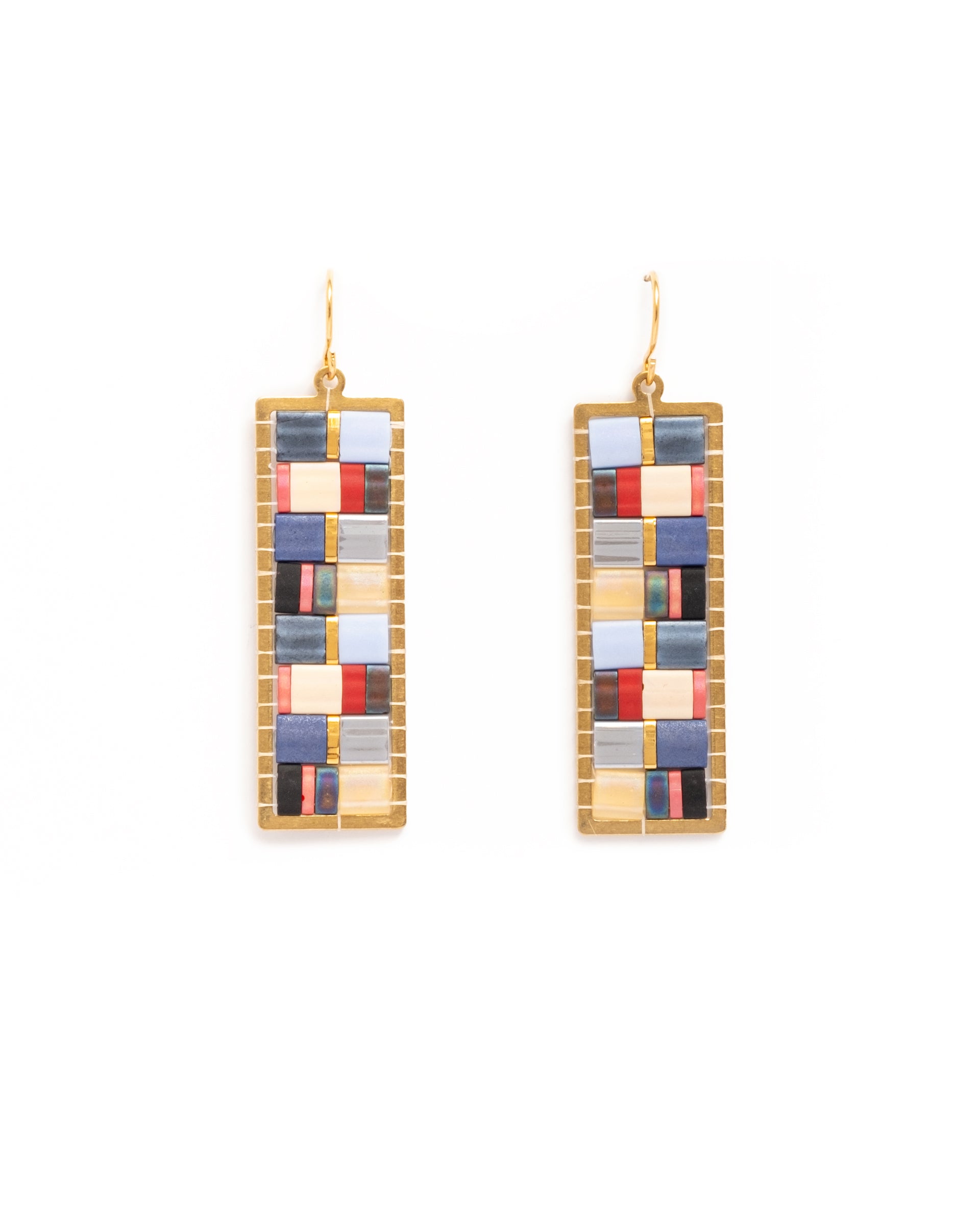 Beaded Handwoven Mosaic Tila and Brass Earrings - Blue/Red