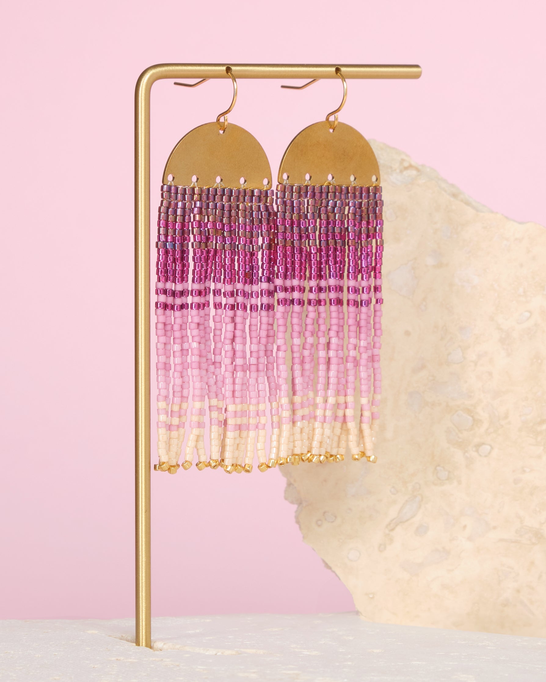 Beaded Handwoven Ombre Fringe Earrings - Pink