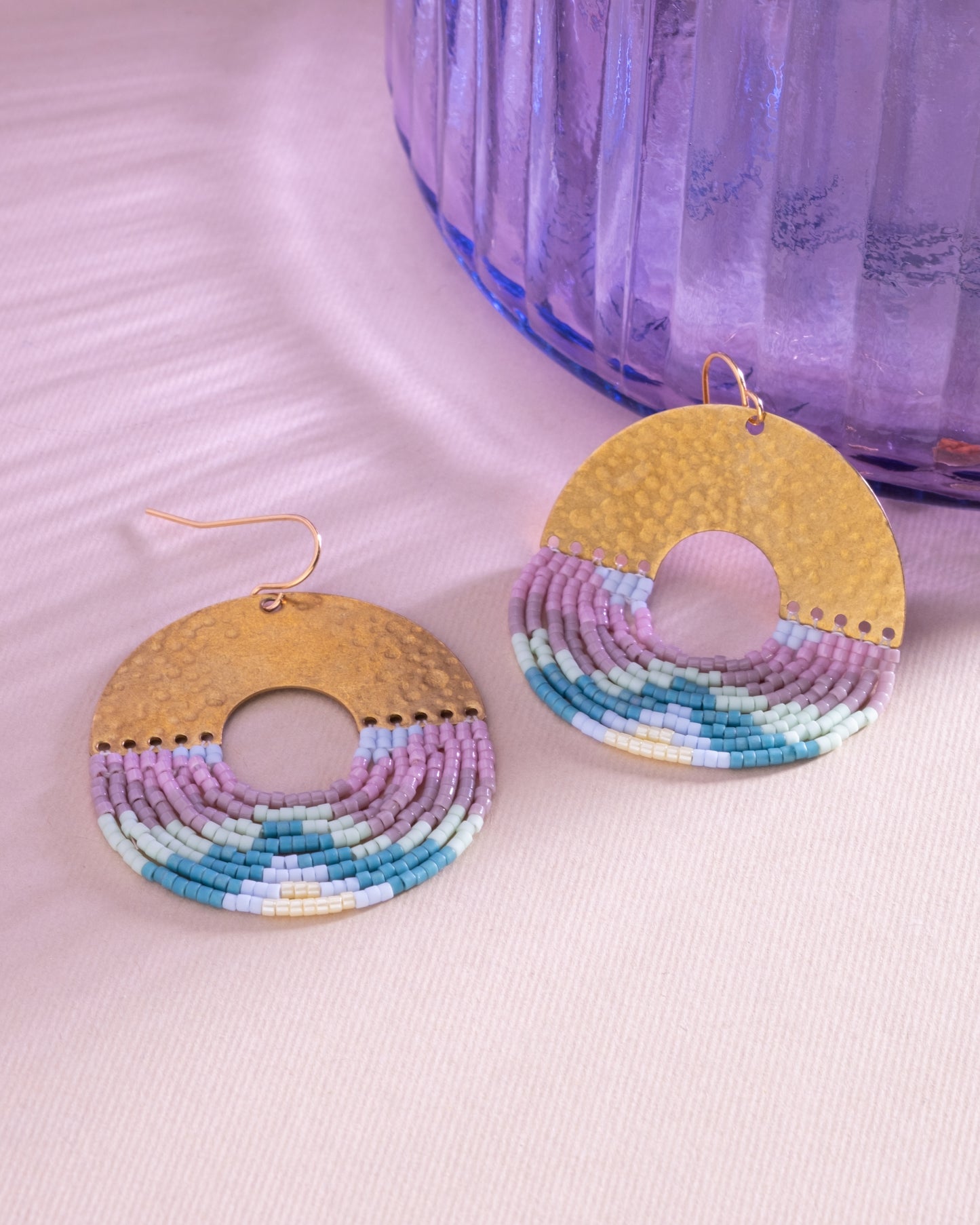 Beaded Handwoven Organic Circular Fringe Earrings