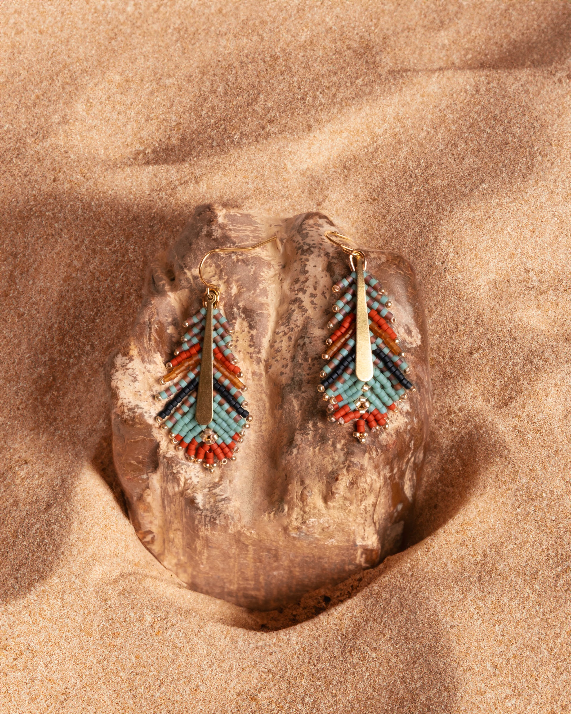 Beaded Handwoven Gilded Feather Earrings - Rust/Aqua