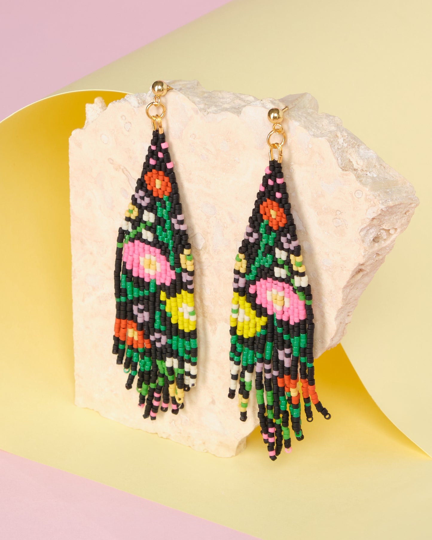 Beaded Handwoven Wildflower Fringe Earrings