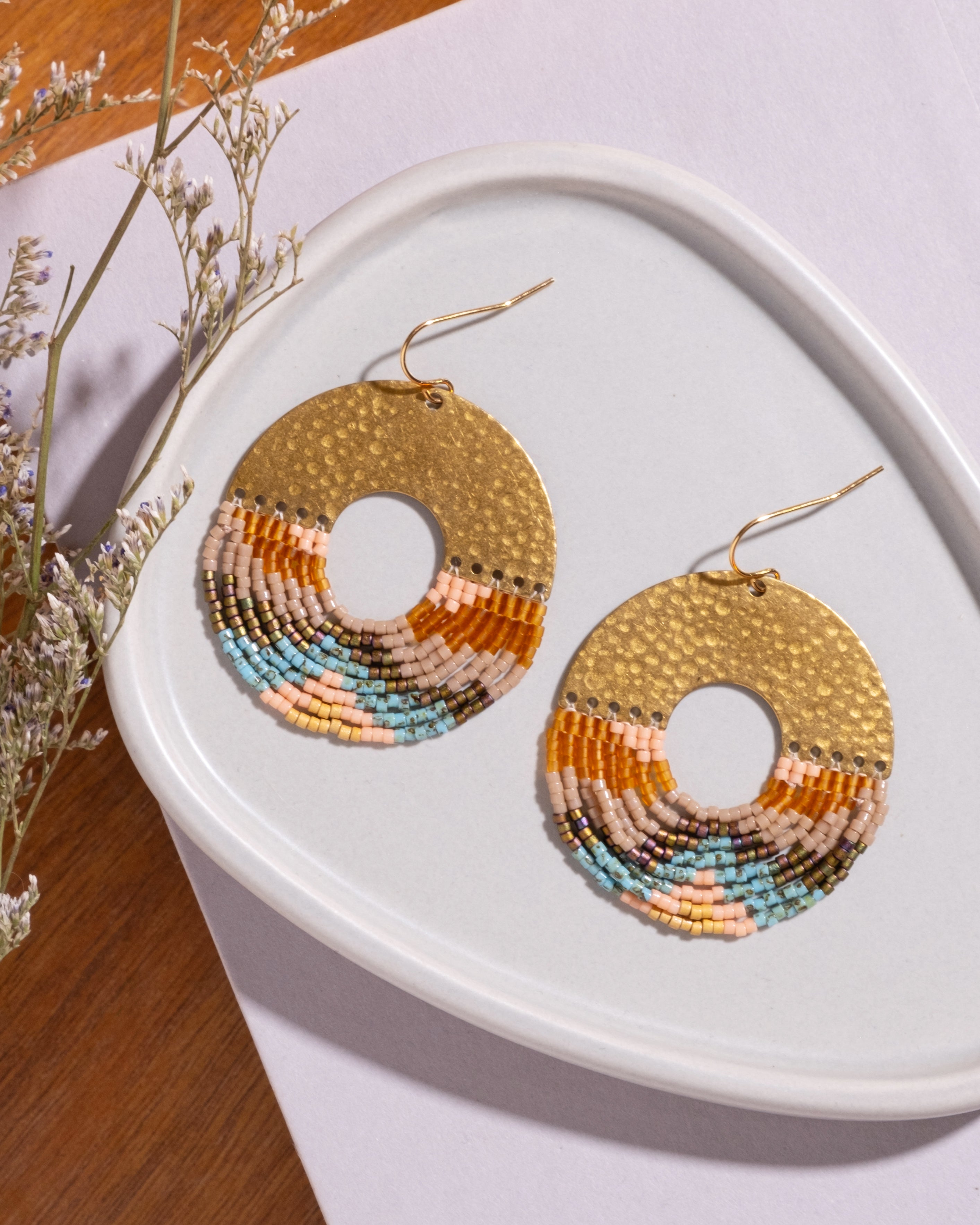 Beaded Handwoven Organic Circular Fringe Earrings - Earth
