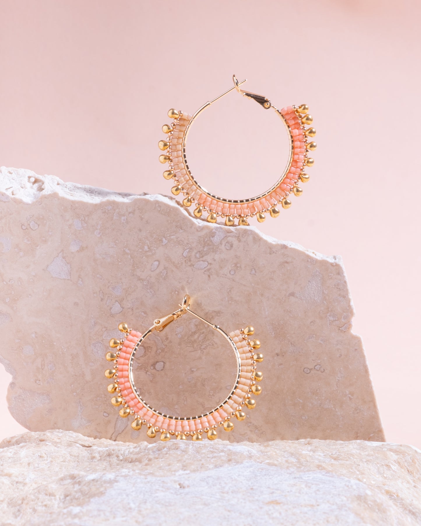 Handwoven Beaded Gold Drop Hoop Earrings