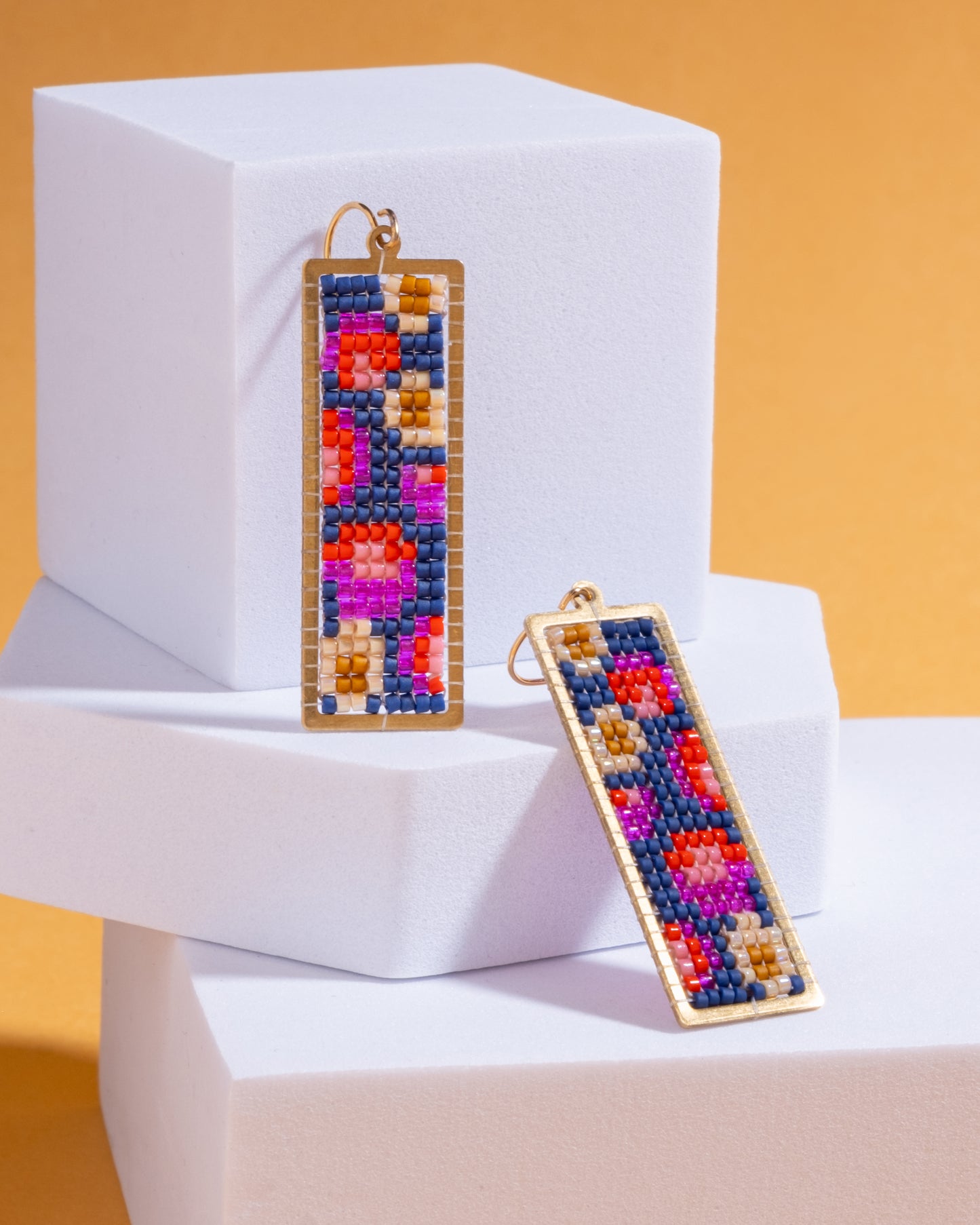 Handwoven Beaded Brass Framed Floral Earrings