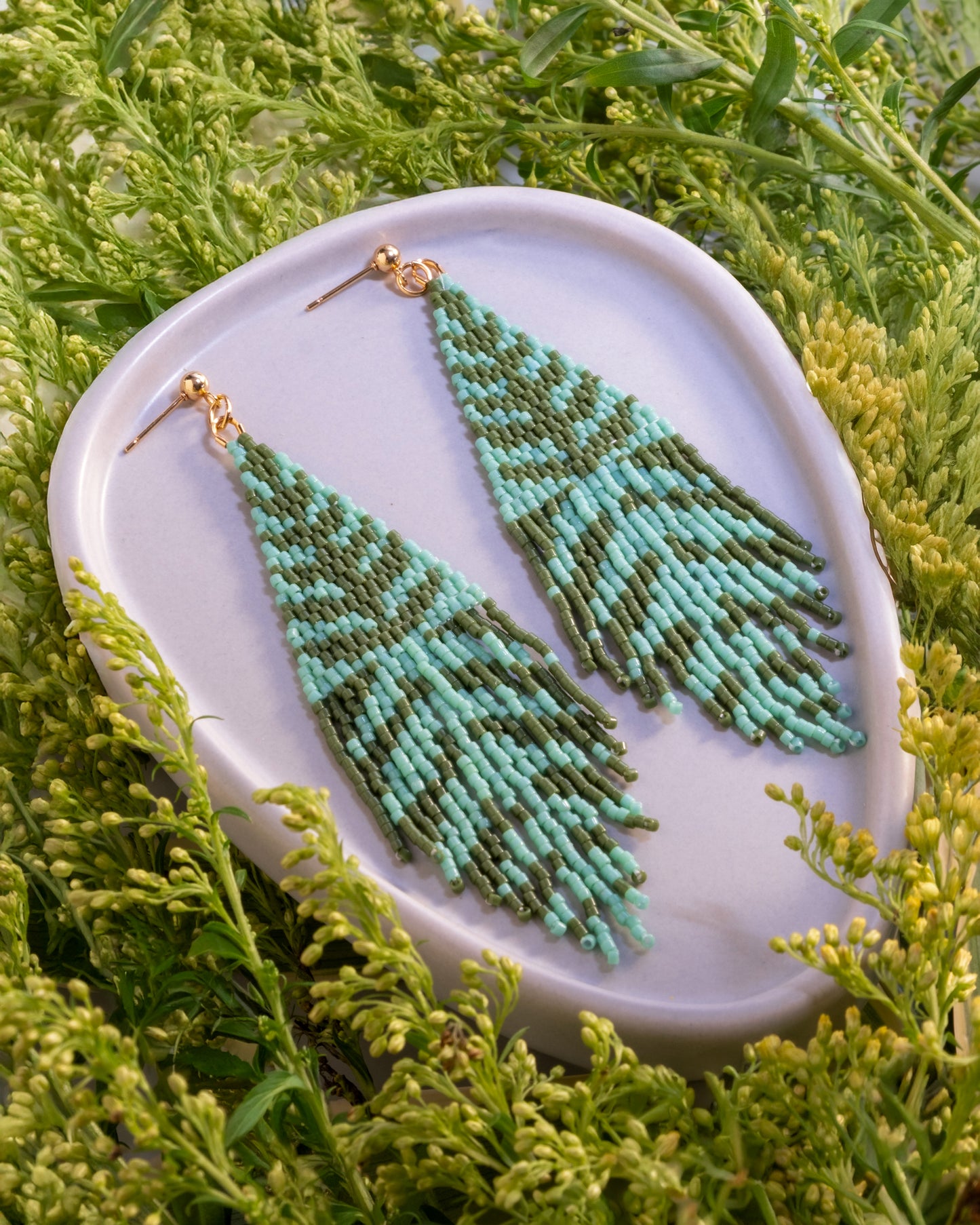 Beaded Handwoven Vine Fringe Earrings