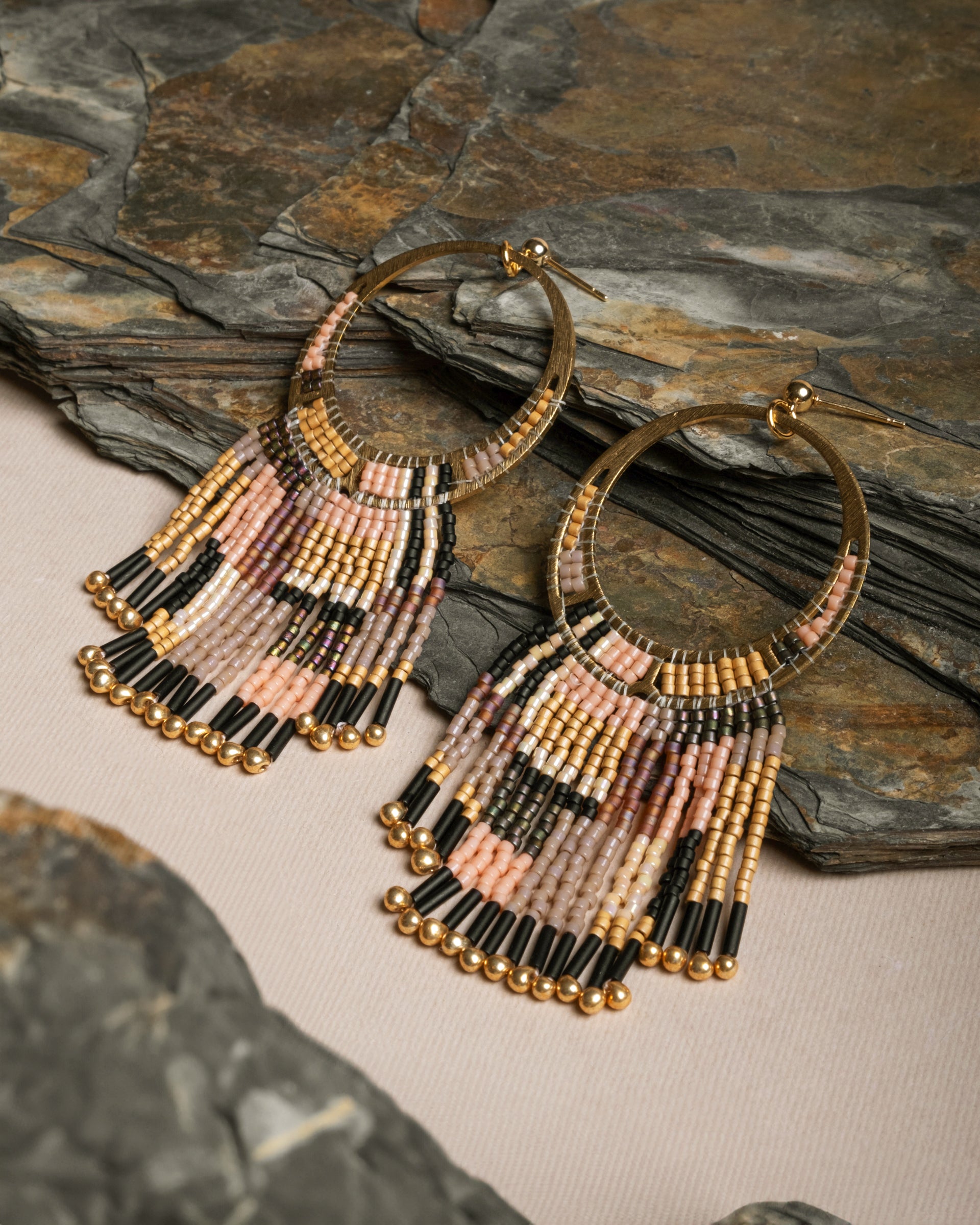 Beaded Handwoven Painted Desert Fringe Earrings - Peach/Tan