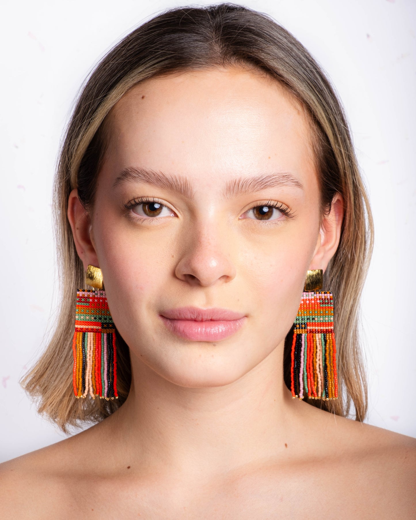 Beaded Handwoven Striped Knit Fringe Earrings